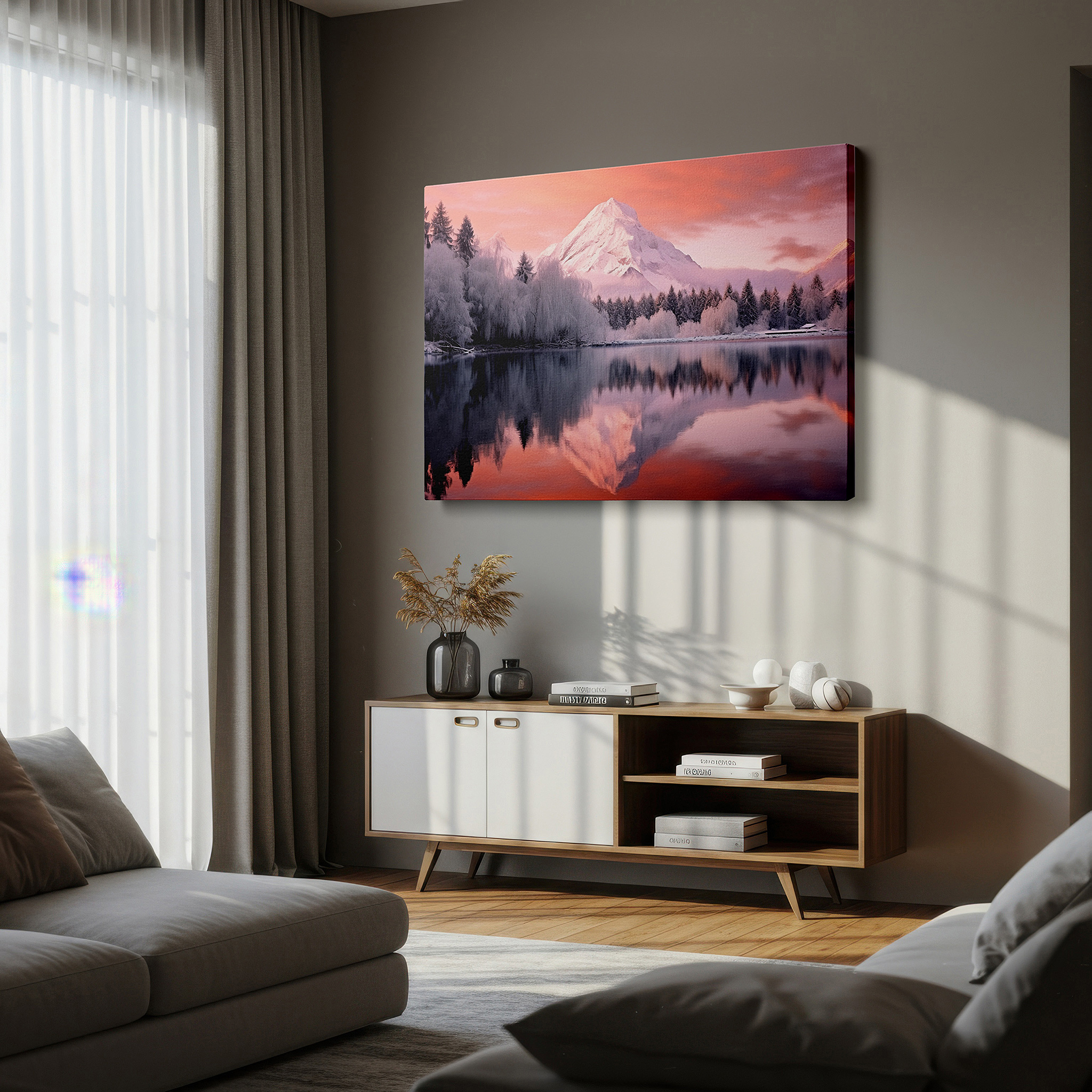 At 60×40 cm, this format fits effortlessly over dressers or benches — serene winter scene with snow-capped mountains and reflective lake - large canvas wall art for office and bedroom decor