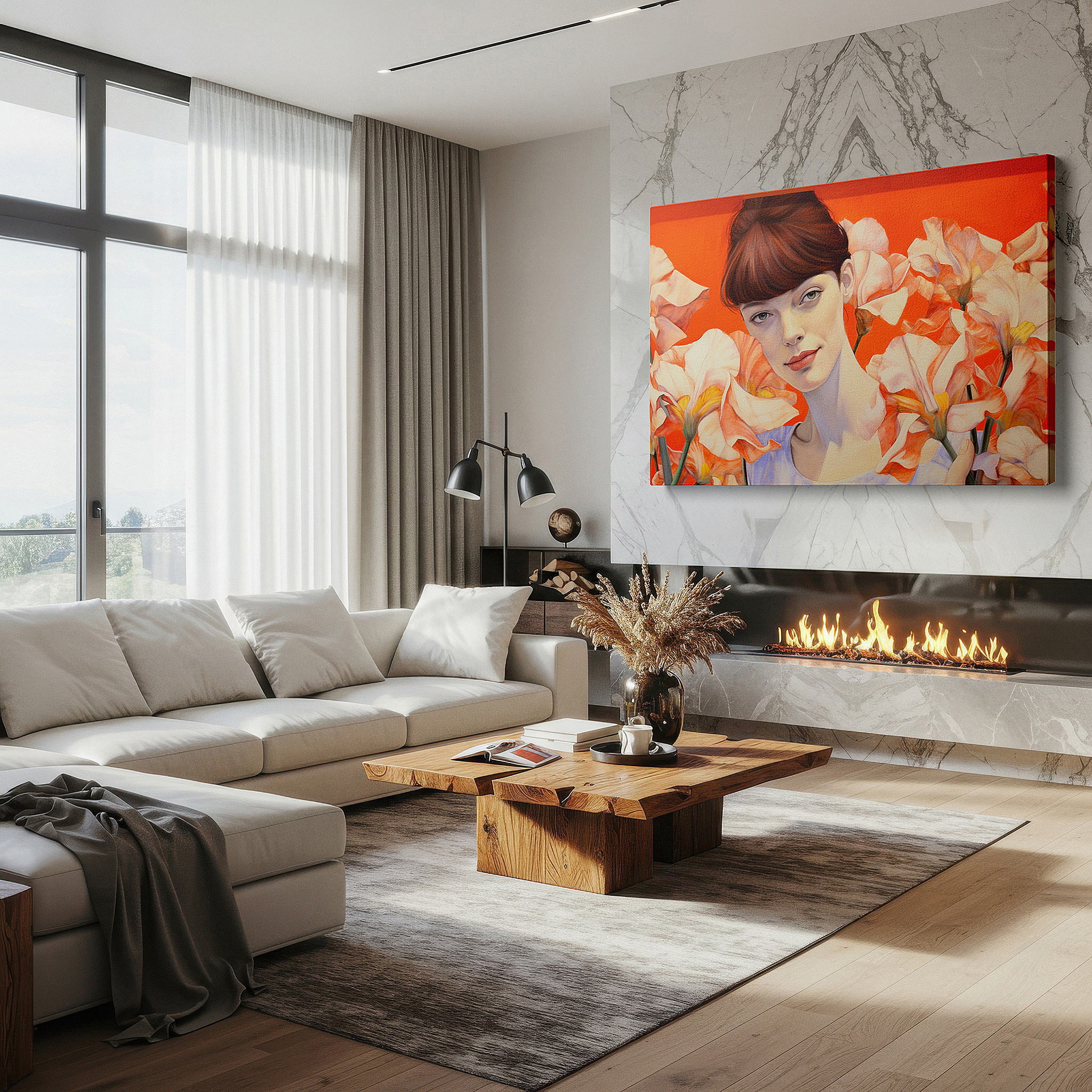 At 60×40 cm, this format fits effortlessly over dressers or benches — serenity and strength in feminine tranquility amidst nature's embrace: large canvas wall art for office and bedroom decor