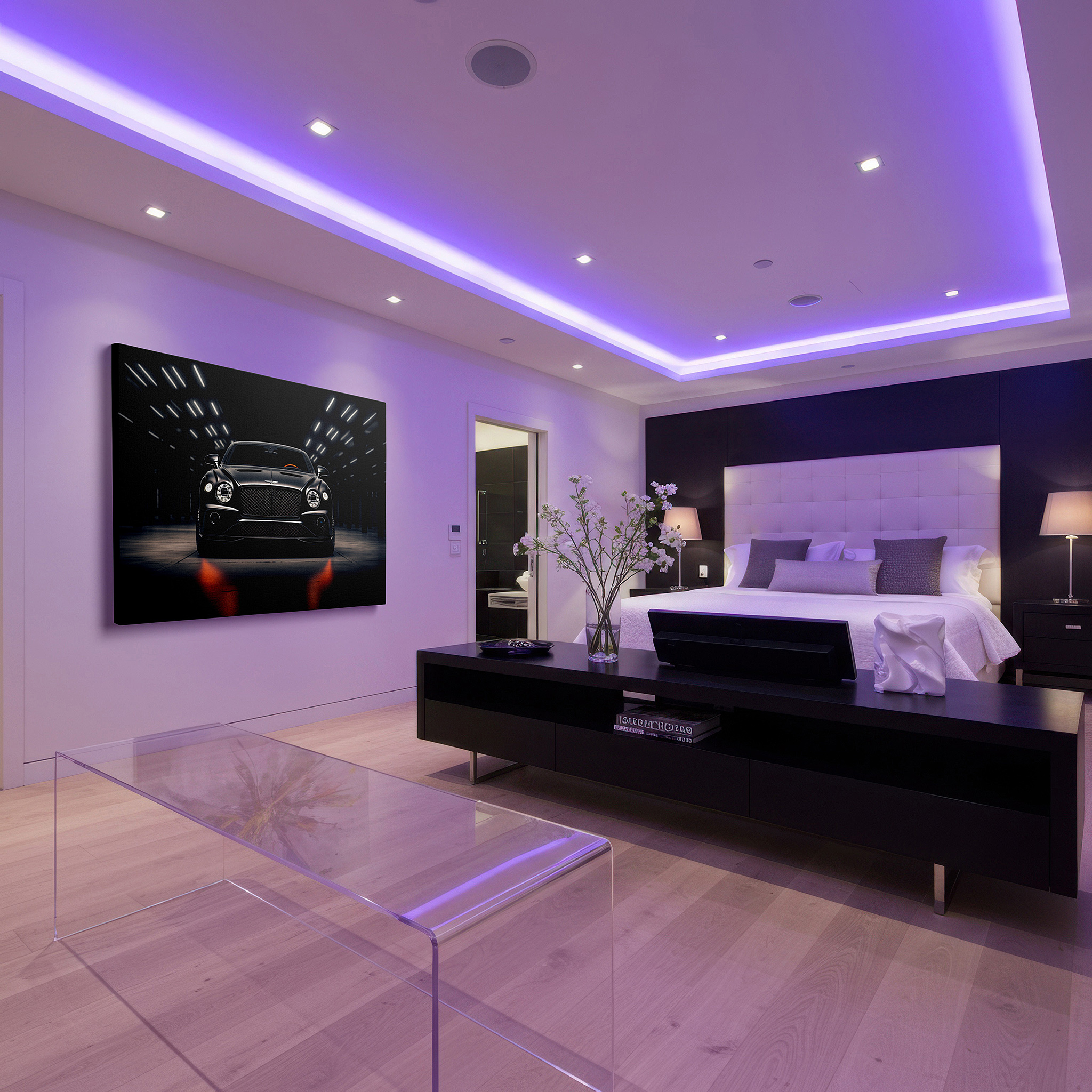 At 60×40 cm, this format fits effortlessly over dressers or benches — sophisticated black luxury car in a dimly-lit garage: large wall art, canvas wall art, wall decor for office