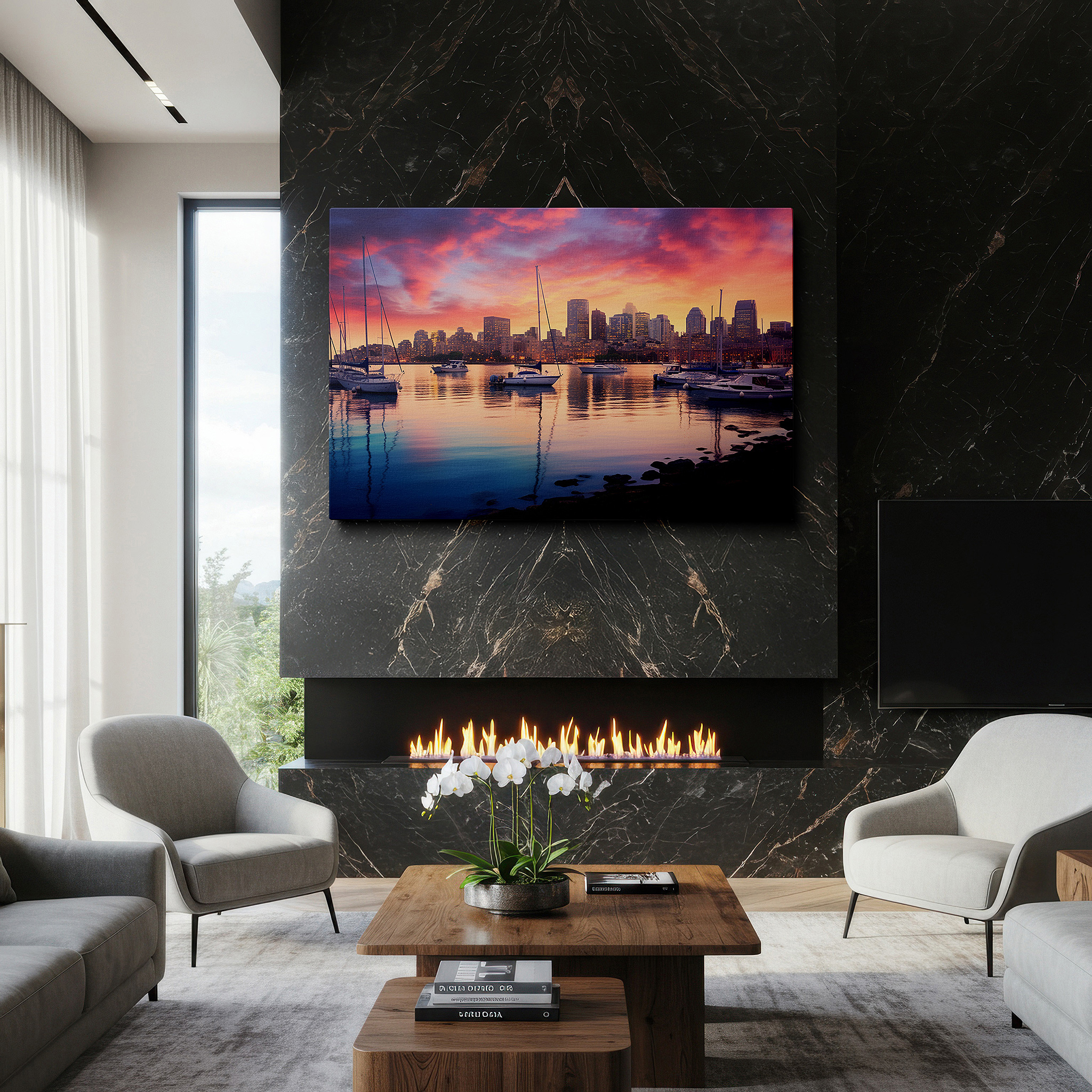 At 60×40 cm, this format fits effortlessly over dressers or benches — sunset city skyline - captivating urban energy meets serene nature large wall art, canvas wall art, wall decor, office wall art