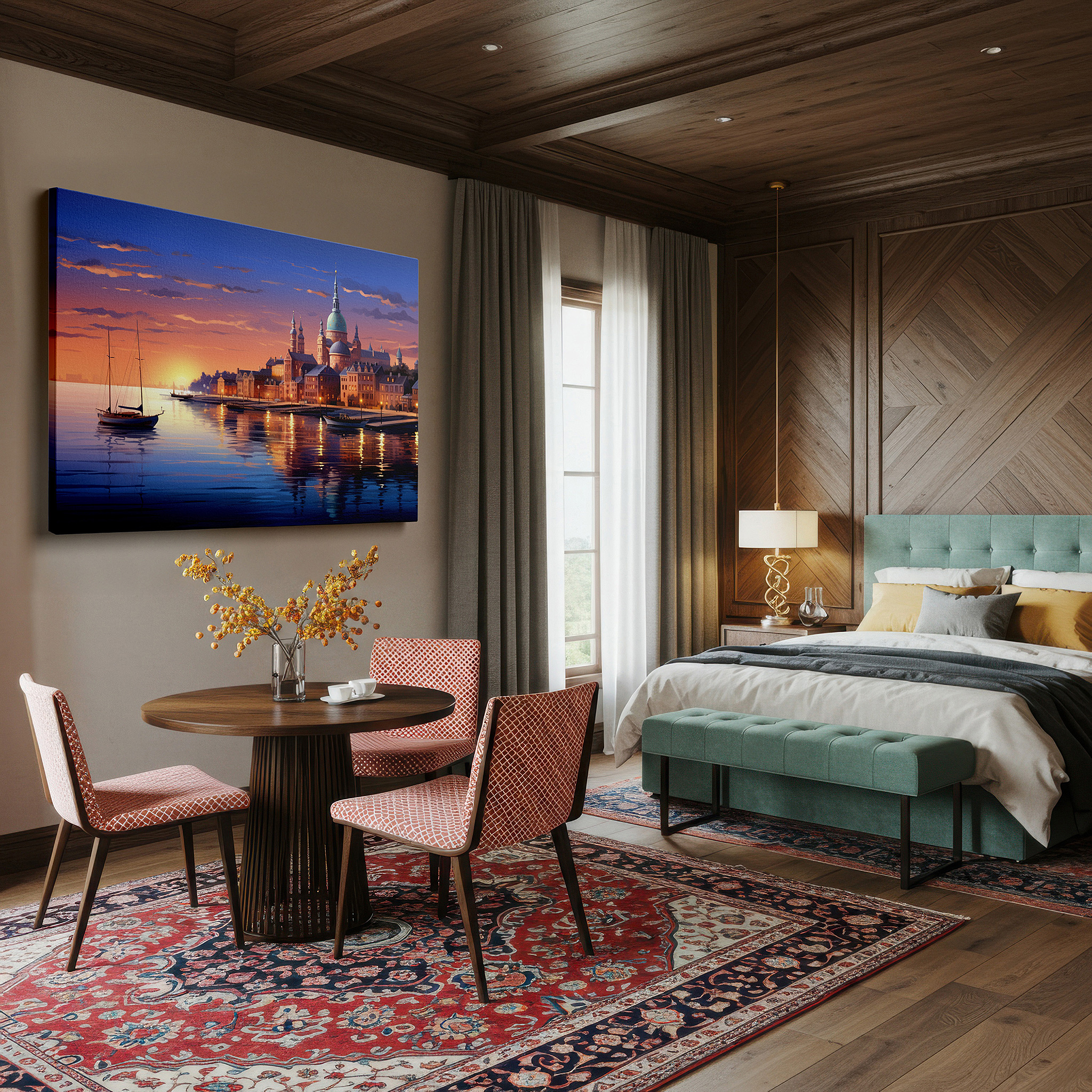 At 60×40 cm, this format fits effortlessly over dressers or benches — sunset embrace over tranquil waters and historic shores: large canvas wall art for office, bedroom, and living room decor