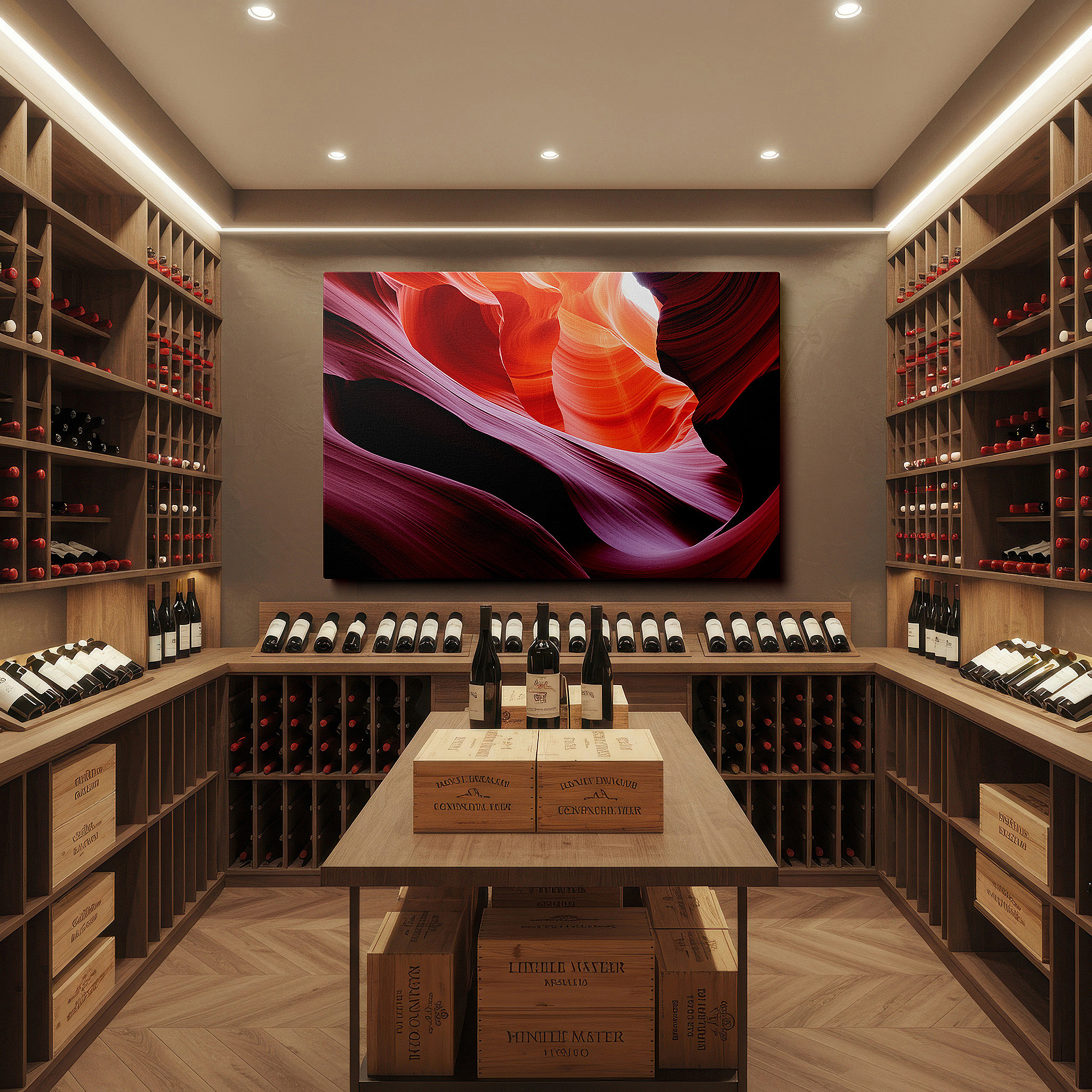 At 60×40 cm, this format fits effortlessly over dressers or benches — swirling oranges and reds: a visual symphony of passion and vitality - large canvas wall art for office decor