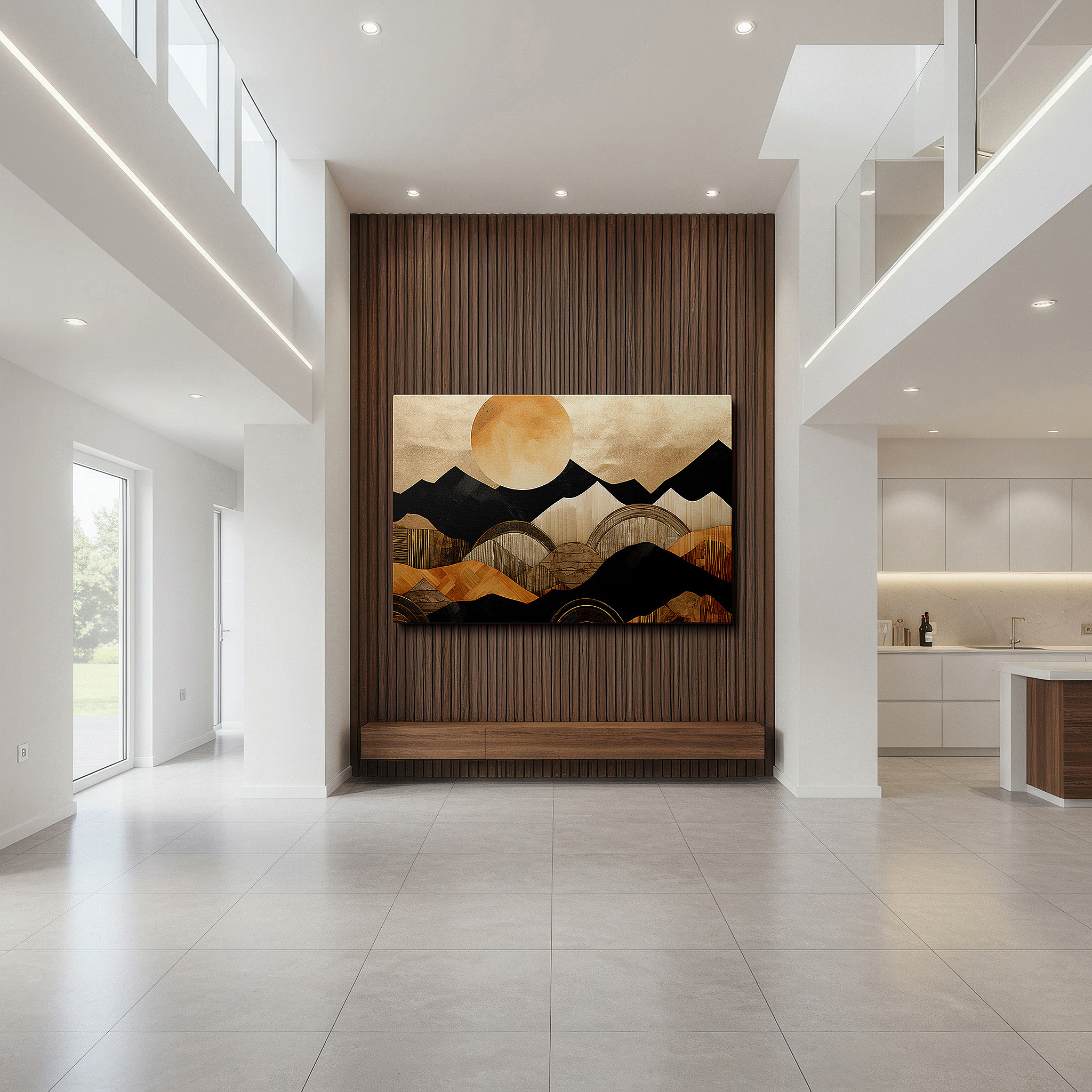 At 60×40 cm, this format fits effortlessly over dressers or benches — textured mountains and radiant sun in warm tones, symbolizing hope and creativity, large wall art, canvas wall art, wall decor for office