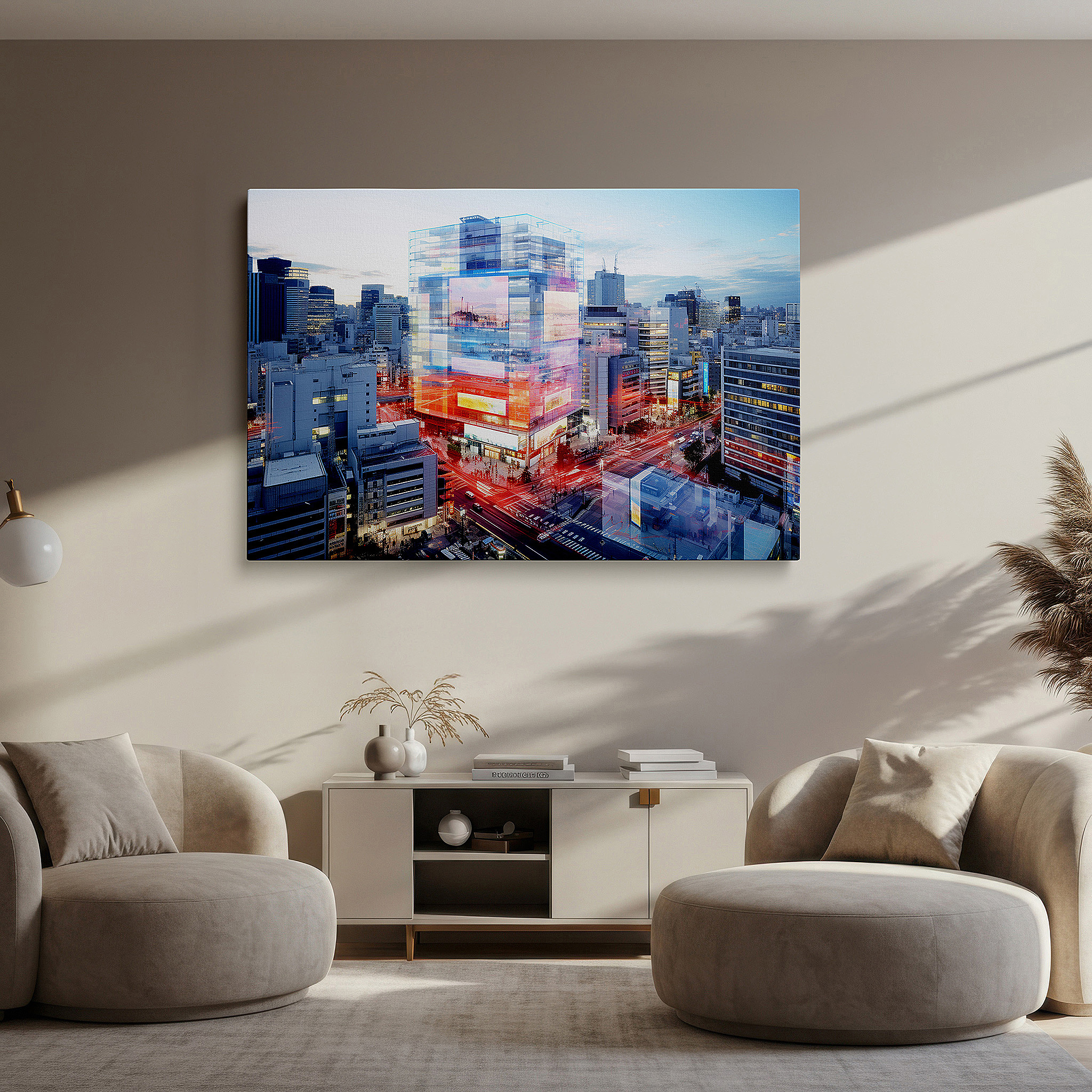 At 60×40 cm, this format fits effortlessly over dressers or benches — tokyo twilight glow: neon lights and urban pulse - mesmerizing cityscape large wall art, canvas wall art, wall decor for office and bedroom