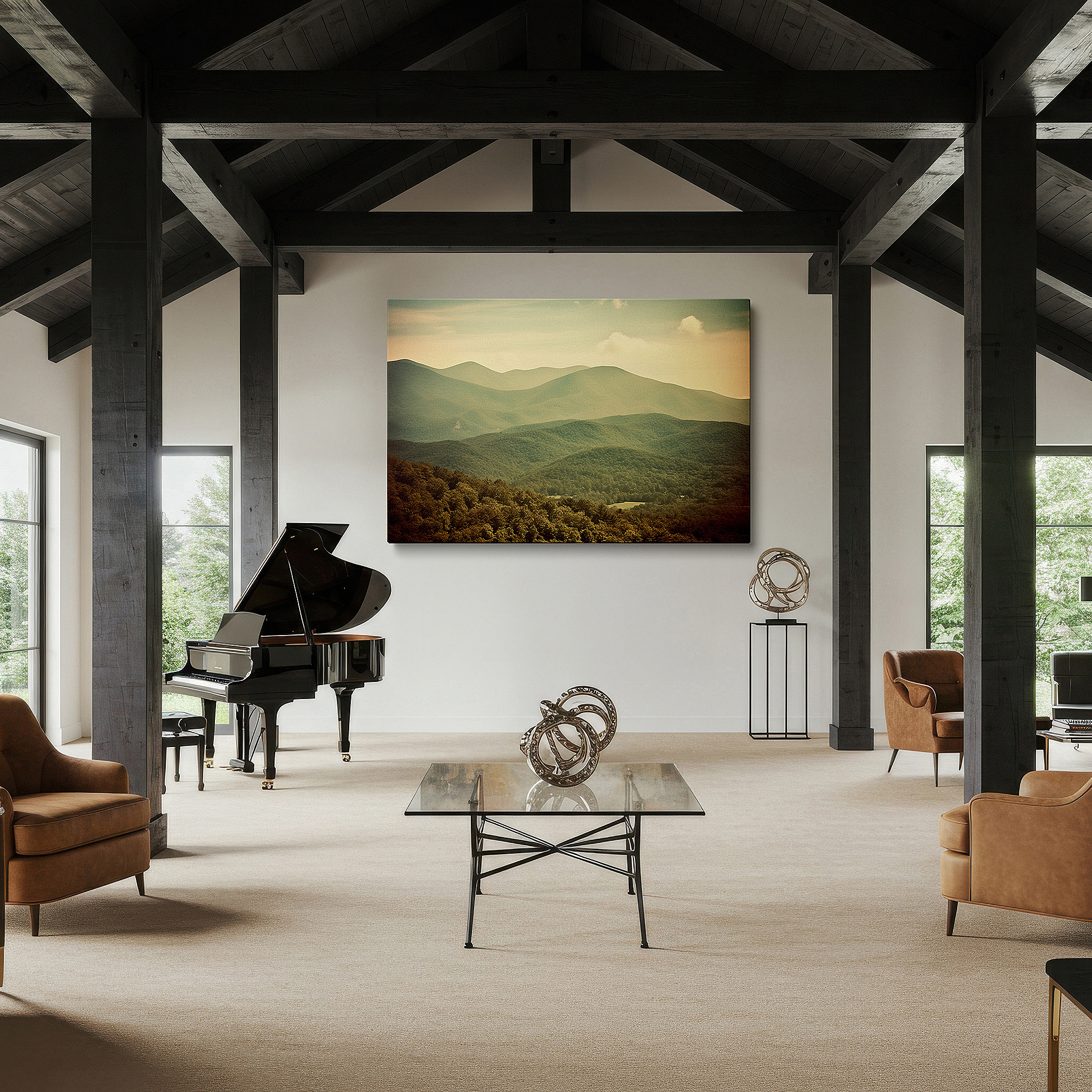 At 60×40 cm, this format fits effortlessly over dressers or benches — tranquil landscape with rolling mountains under a soft, muted sky, large canvas wall art, peaceful natural beauty wall decor