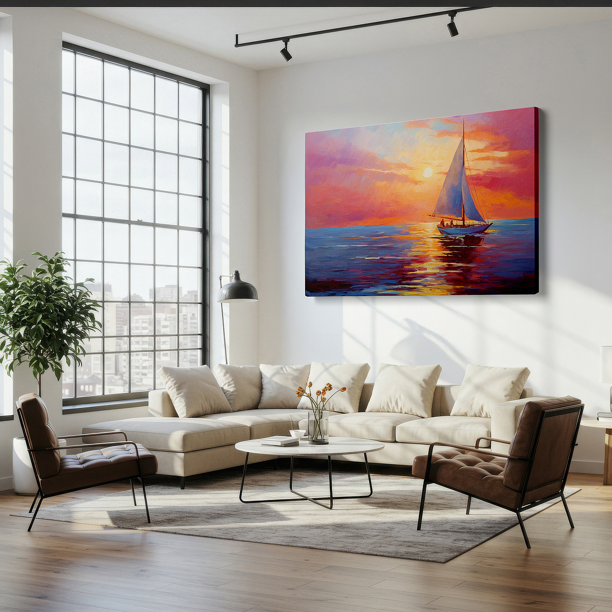 At 60×40 cm, this format fits effortlessly over dressers or benches — tranquil sailboat journey under a fiery sunset sky - large canvas wall art for office, bedroom, and living room decor