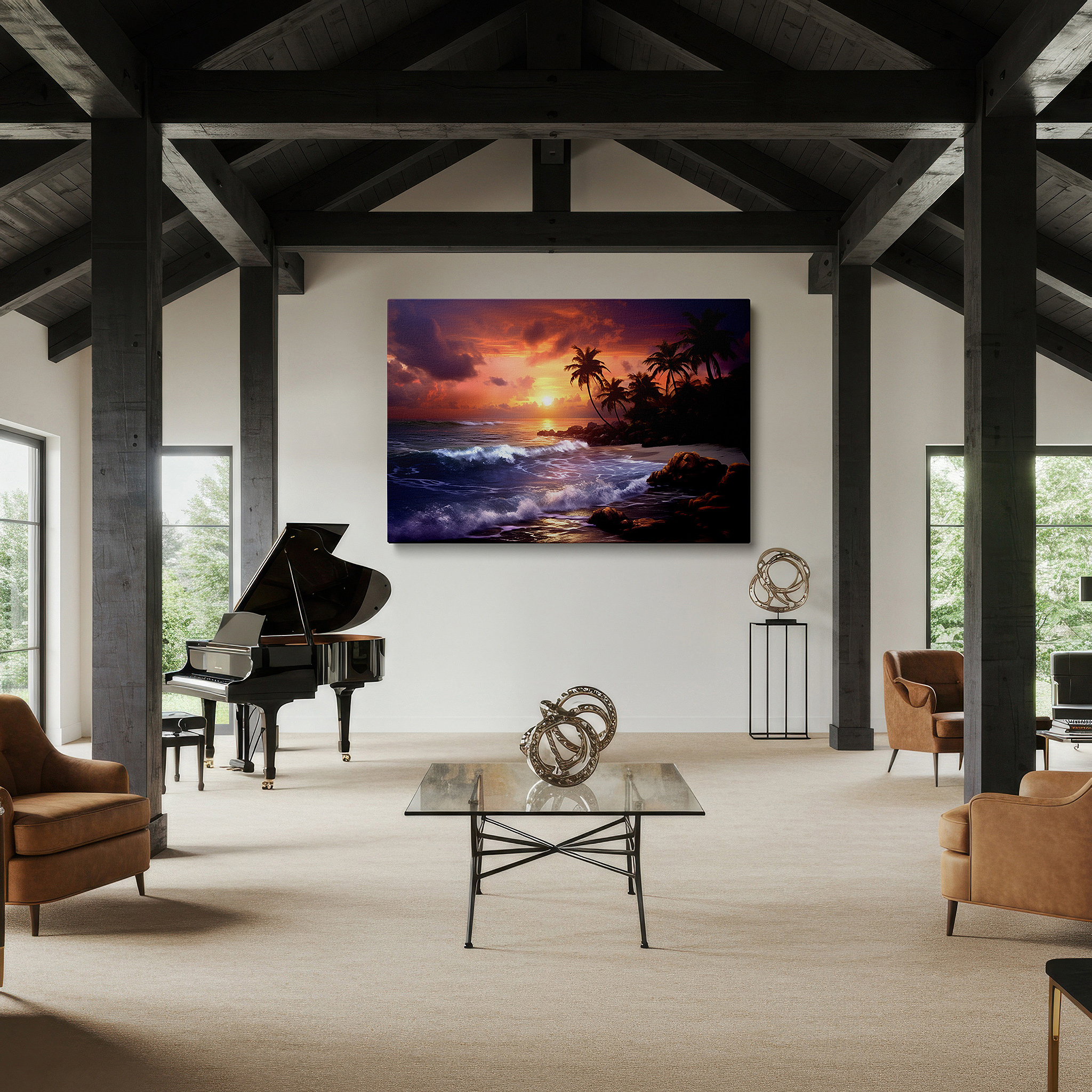 At 60×40 cm, this format fits effortlessly over dressers or benches — tropical beach sunset serenity large wall art featuring vibrant oranges and calming purples, perfect for office or bedroom decor