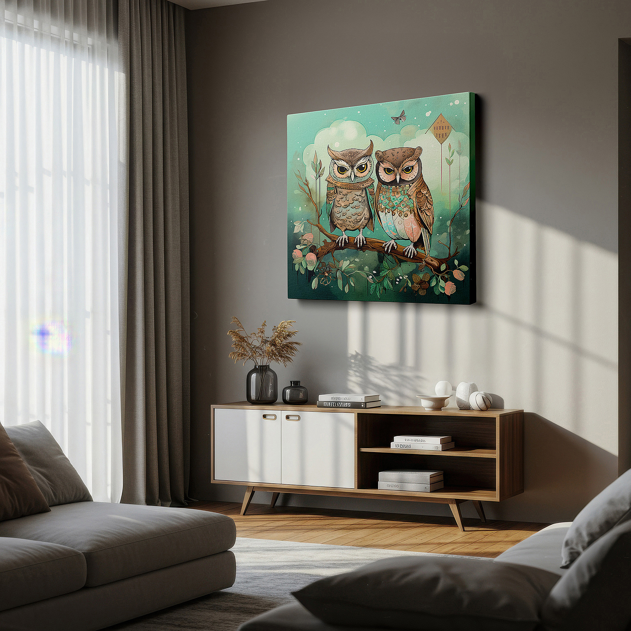 At 60×40 cm, this format fits effortlessly over dressers or benches — twin owls on a twisted branch wall art: a warm and wise tapestry in the glow of dusk - large canvas wall art for home and office decor