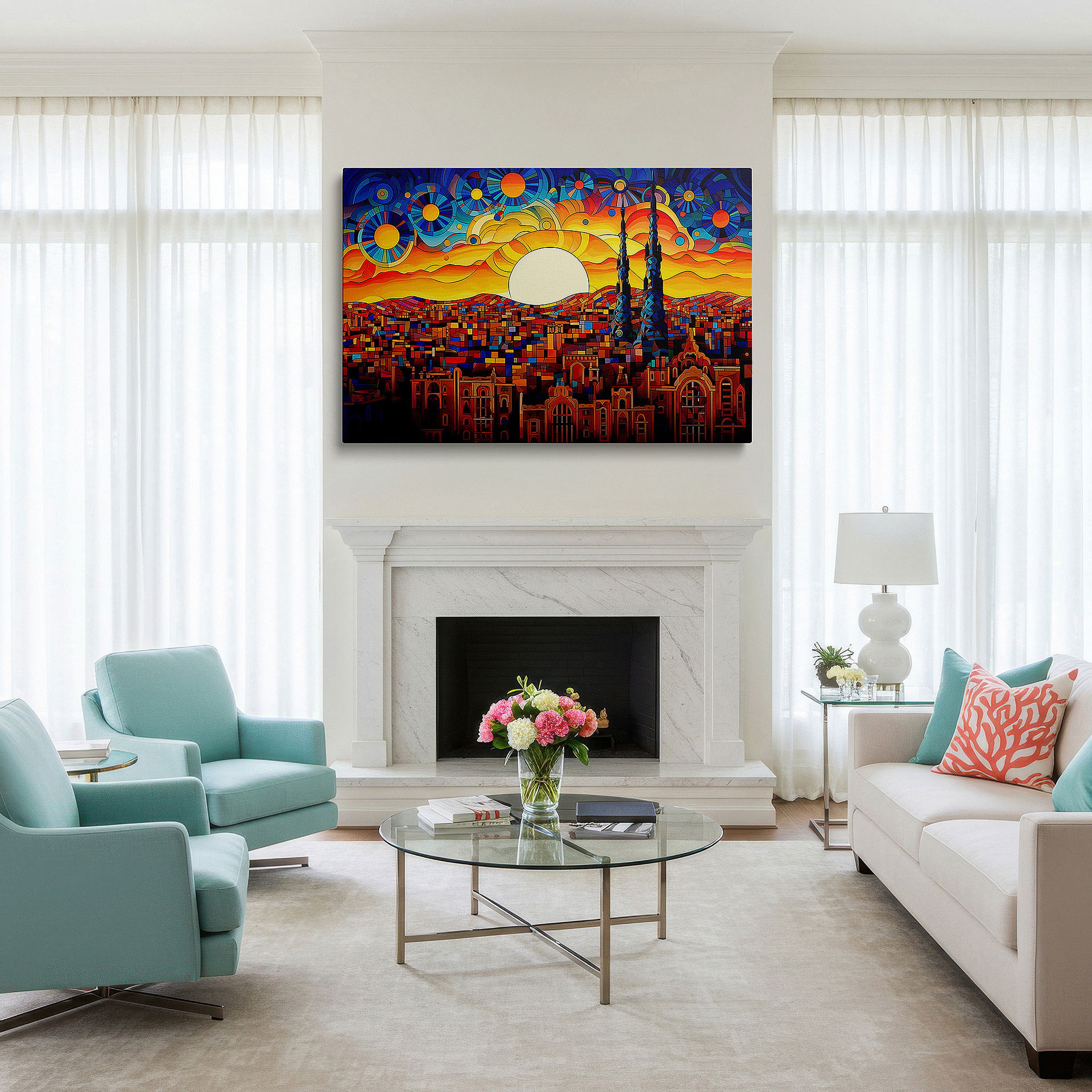 At 60×40 cm, this format fits effortlessly over dressers or benches — urban sunset in stained glass: a cityscape of light and color - large wall art, canvas wall art, wall decor for office and bedroom
