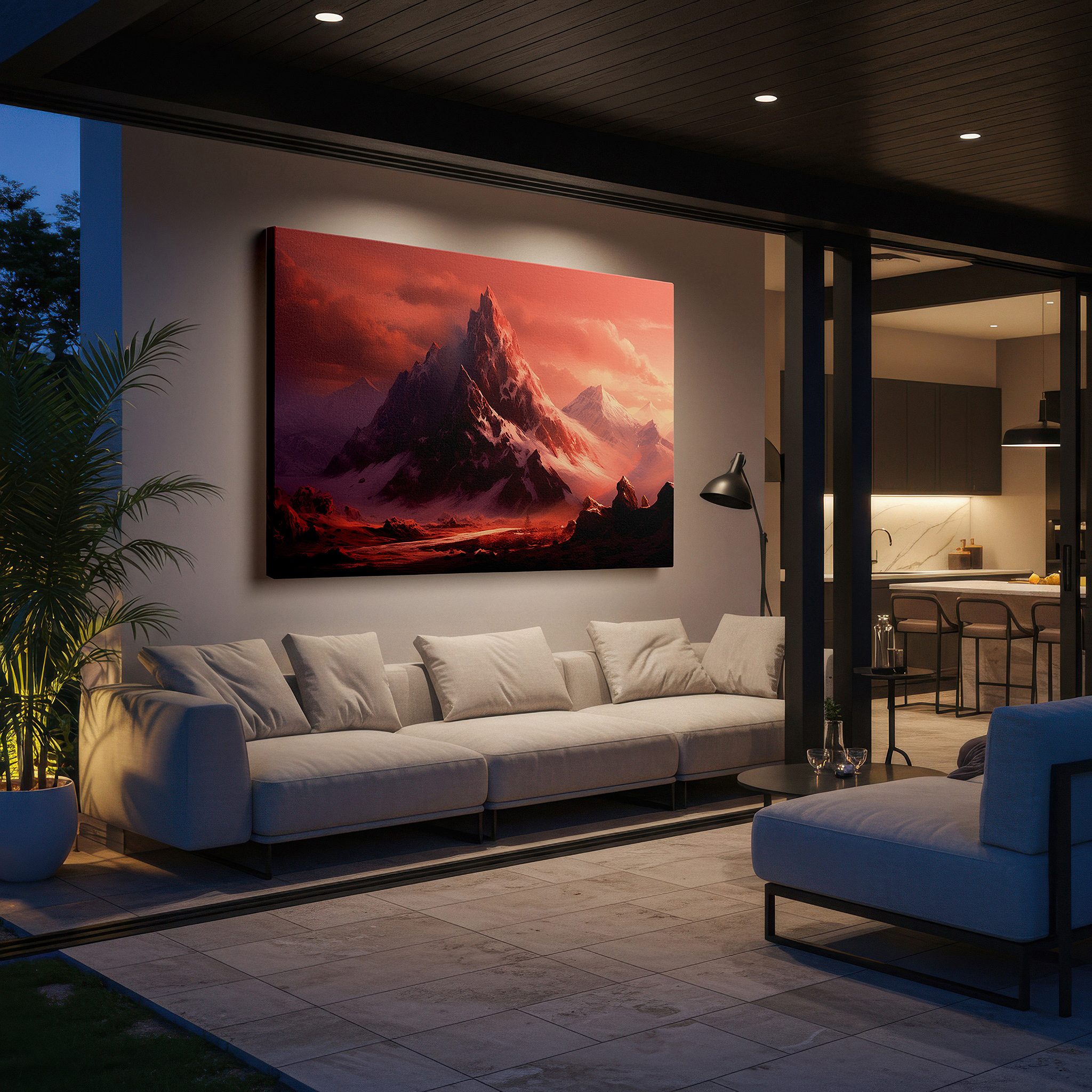 At 60×40 cm, this format fits effortlessly over dressers or benches — vermilion majestic mountain peak, dramatic nature-inspired large canvas wall art for office and bedroom decor
