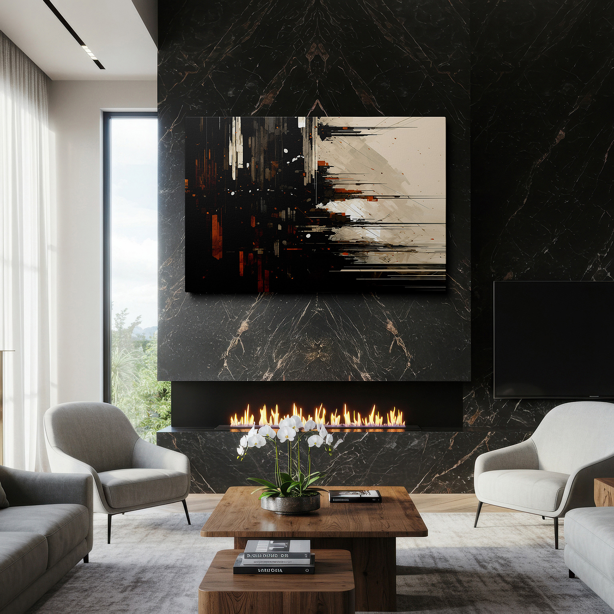 At 60×40 cm, this format fits effortlessly over dressers or benches — vibrant orange and black abstract cityscape, embodying urban vigor and the enigma of the night - large canvas wall art for home and office decor
