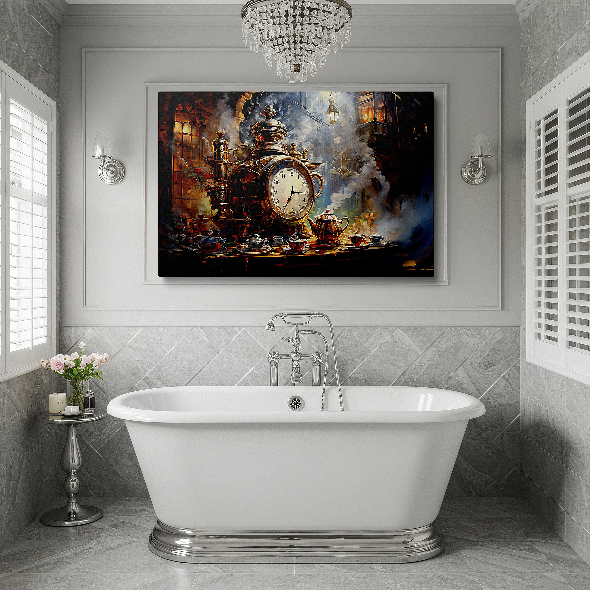 At 60×40 cm, this format fits effortlessly over dressers or benches — victorian still life wall art: featuring a steam clock and tea set - large canvas art for home and office decor, perfect for living room and bedroom
