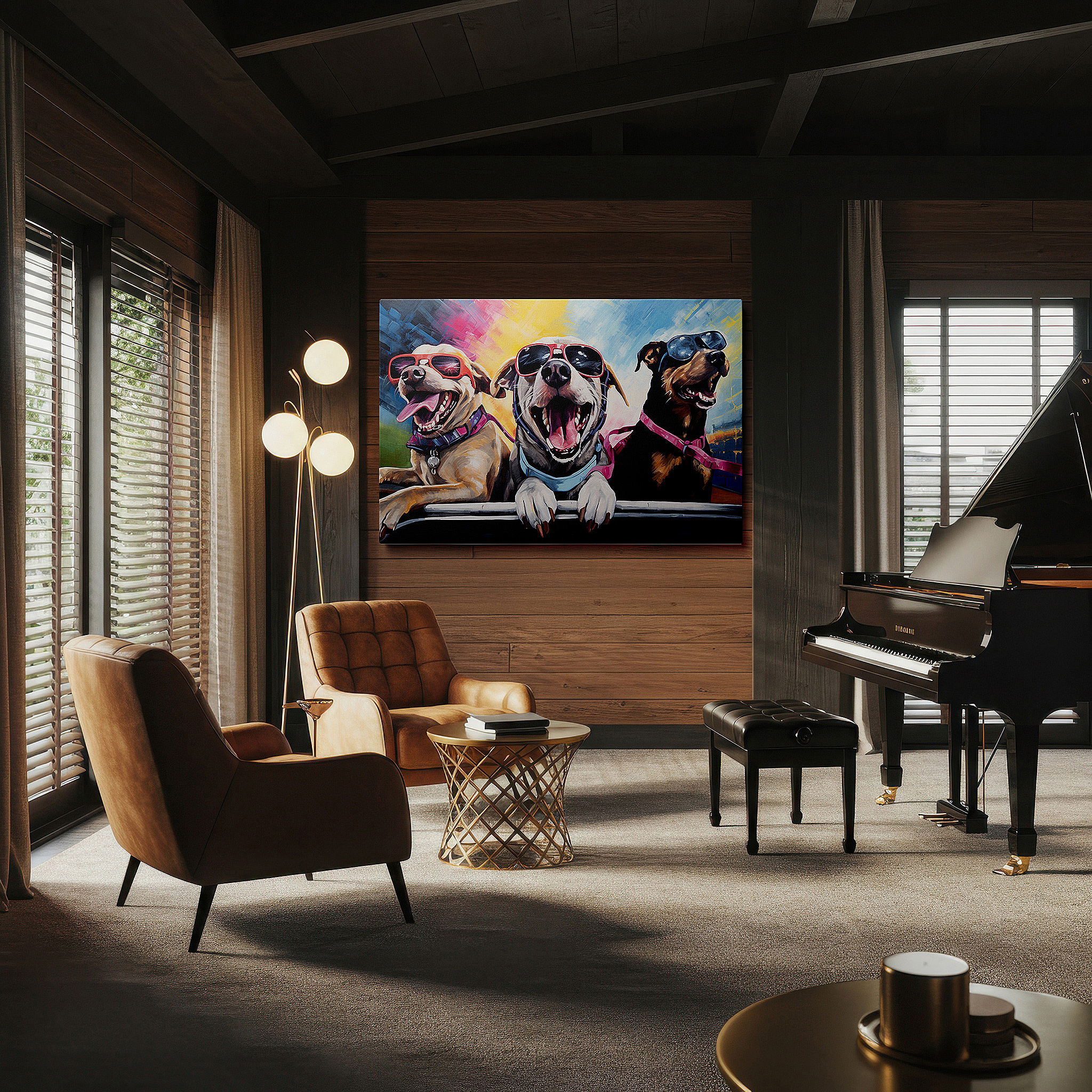 At 60×40 cm, this format fits effortlessly over dressers or benches — wall art: celebrate life and style with trendy dogs in sunglasses - large canvas wall art for office and bedroom decor