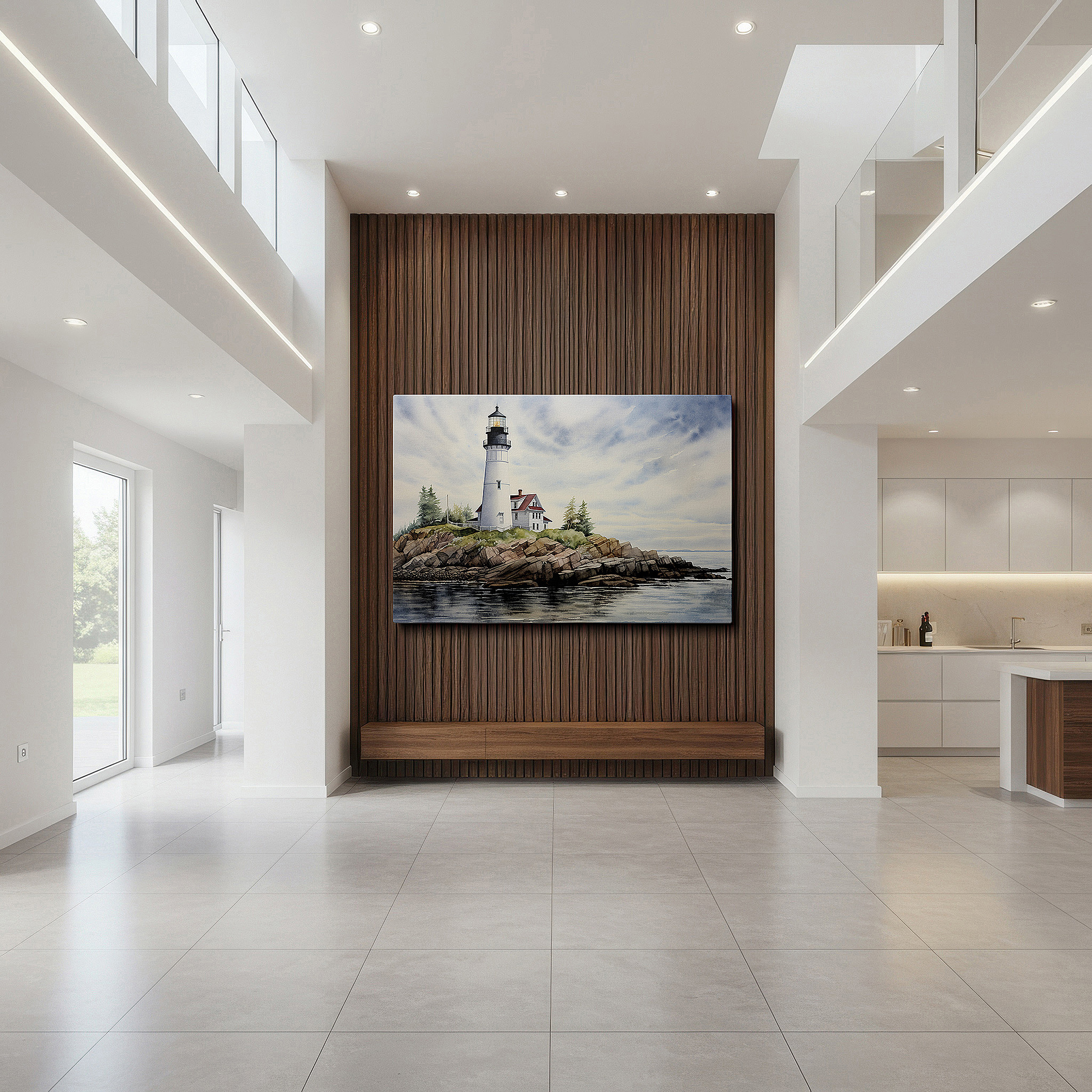 At 60×40 cm, this format fits effortlessly over dressers or benches — wall art: majestic lighthouse on a rugged coastline - a beacon of serenity and nature's beauty. large canvas wall art for home and office decor.