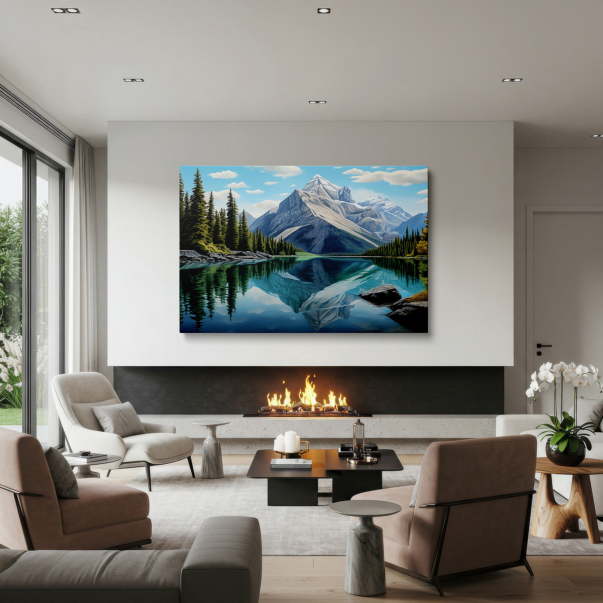 At 60×40 cm, this format fits effortlessly over dressers or benches — wall art: majestic mountains and reflective lake surrounded by lush coniferous trees - large canvas wall art for office and bedroom decor
