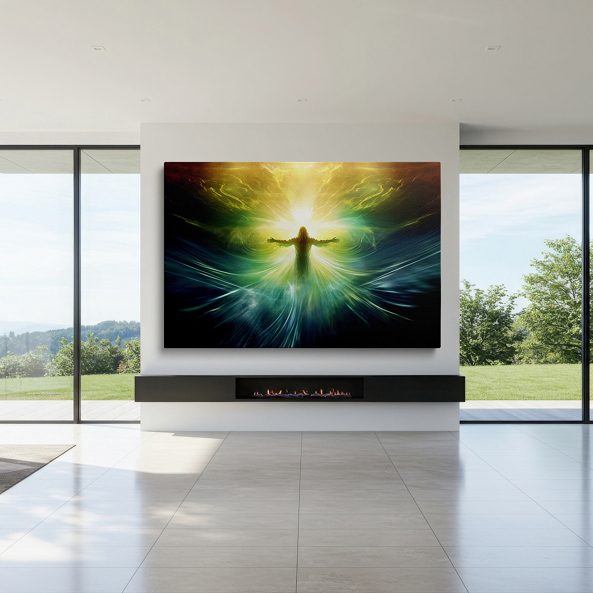 At 60×40 cm, this format fits effortlessly over dressers or benches — wall art: radiant figure amid cosmic hues - a journey of spiritual enlightenment and universal connection. large canvas wall art for office decor.