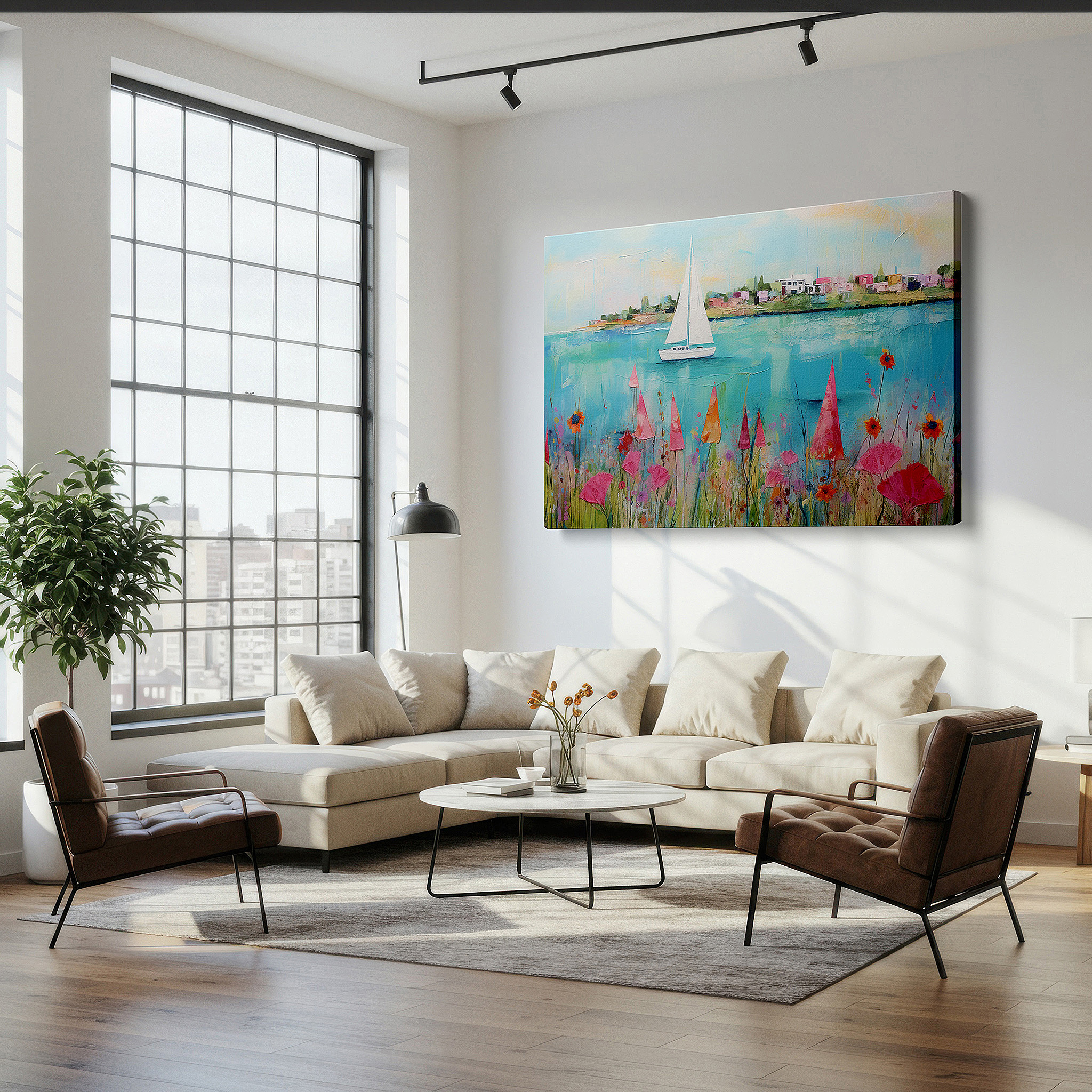 At 60×40 cm, this format fits effortlessly over dressers or benches — wall art: serene coastal scene featuring vibrant florals and a tranquil sailboat - large canvas wall art for office, bedroom, and living room decor