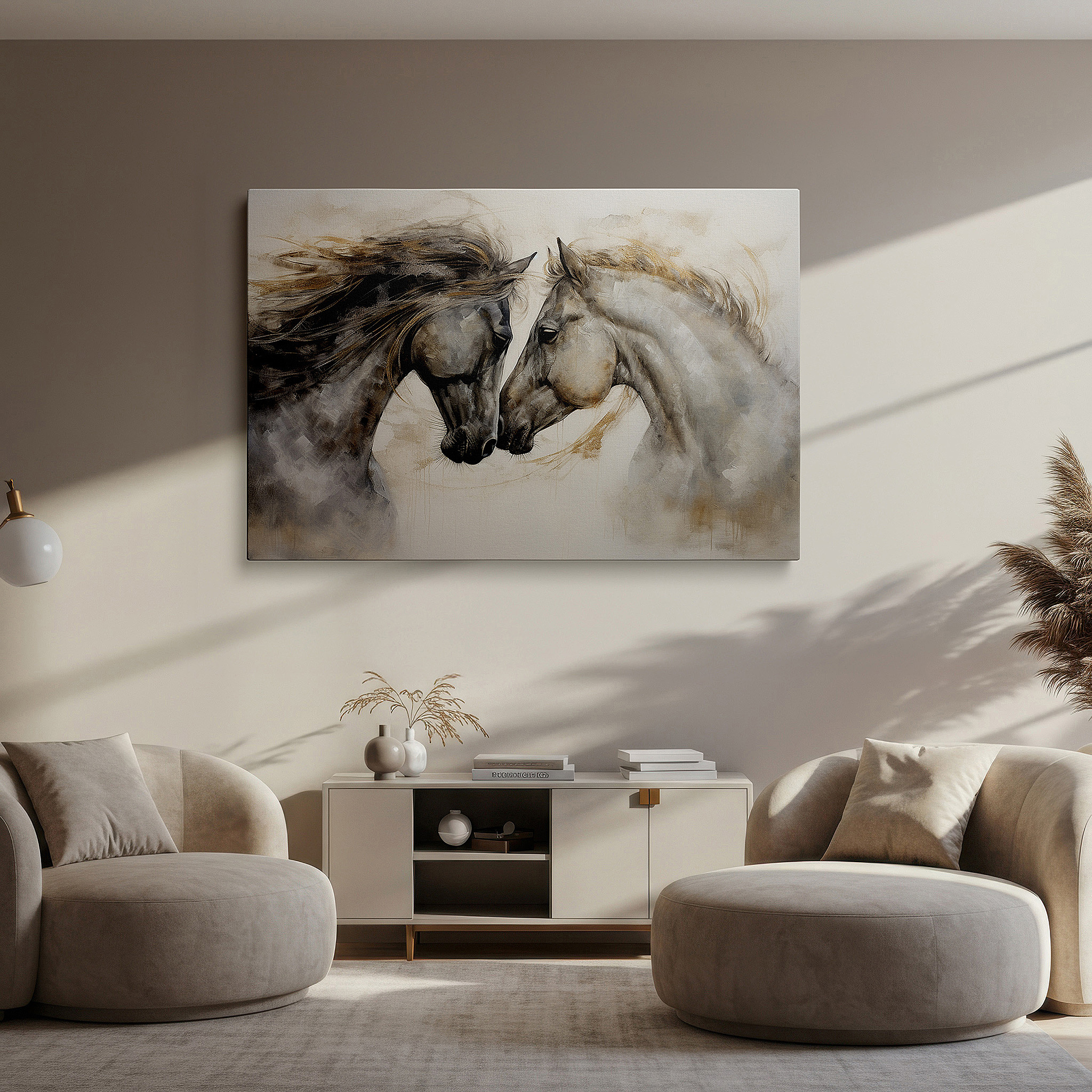 At 60×40 cm, this format fits effortlessly over dressers or benches — wall art: serene connection of two horses in perfect unity - large canvas wall art for office, bedroom, and living room decor