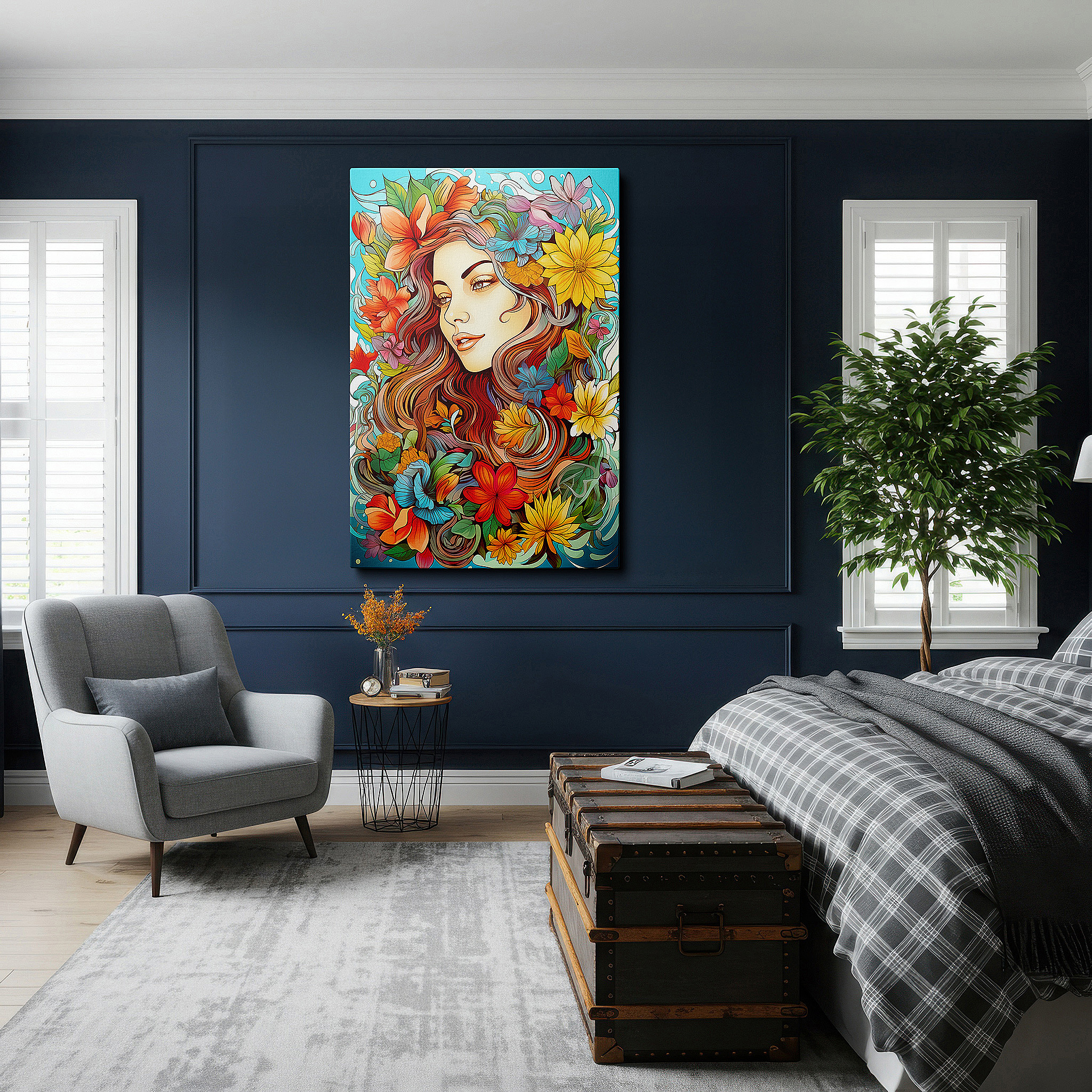 At 60×40 cm, this format fits effortlessly over dressers or benches — wall art: serene woman surrounded by vibrant flowers, a playful blend of natural beauty and feminine elegance, large canvas wall art for home and office decor