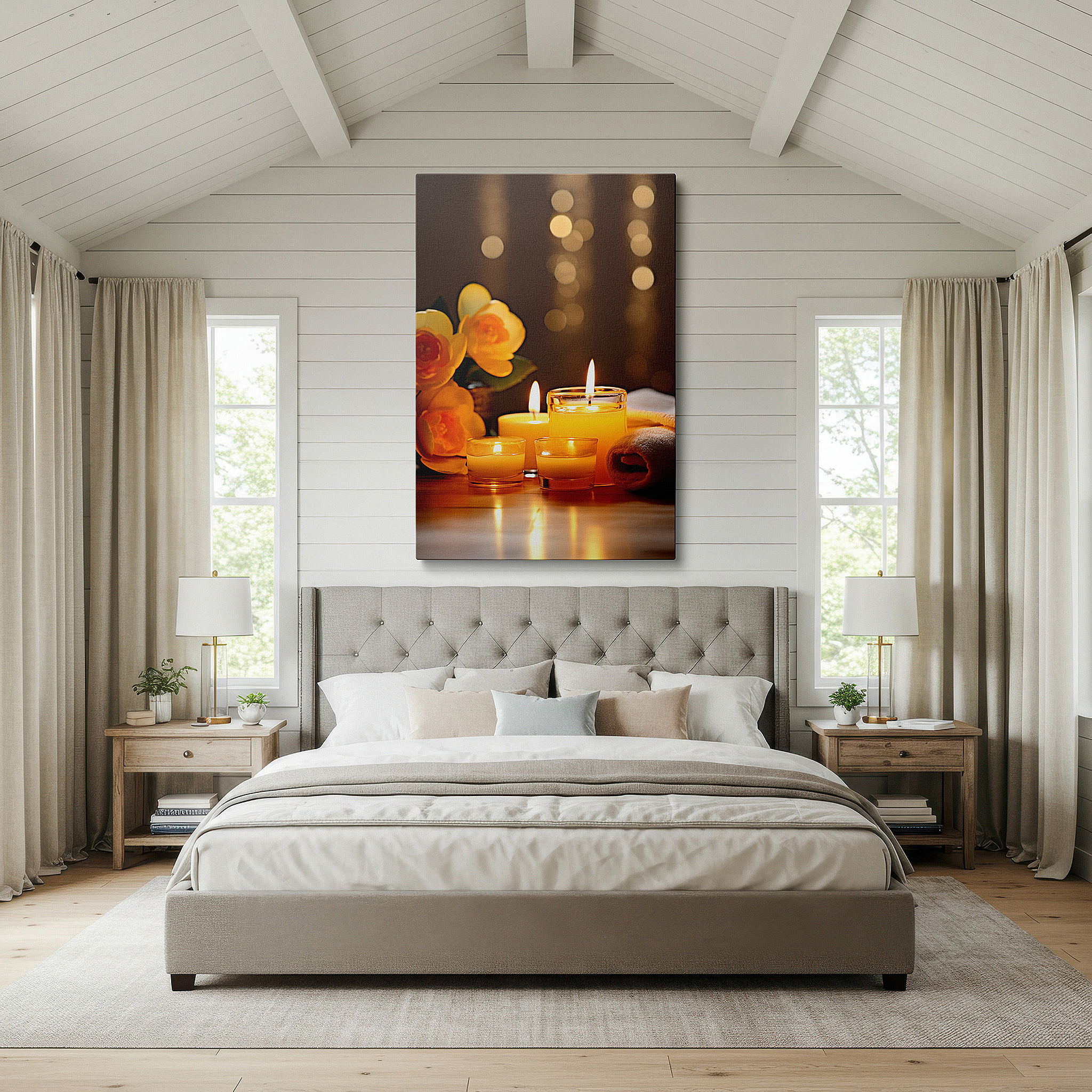 At 60×40 cm, this format fits effortlessly over dressers or benches — wall decor: a harmonious display of yellow blooms and soft candlelight, capturing serenity and happiness. ideal for living room, office, or bedroom.