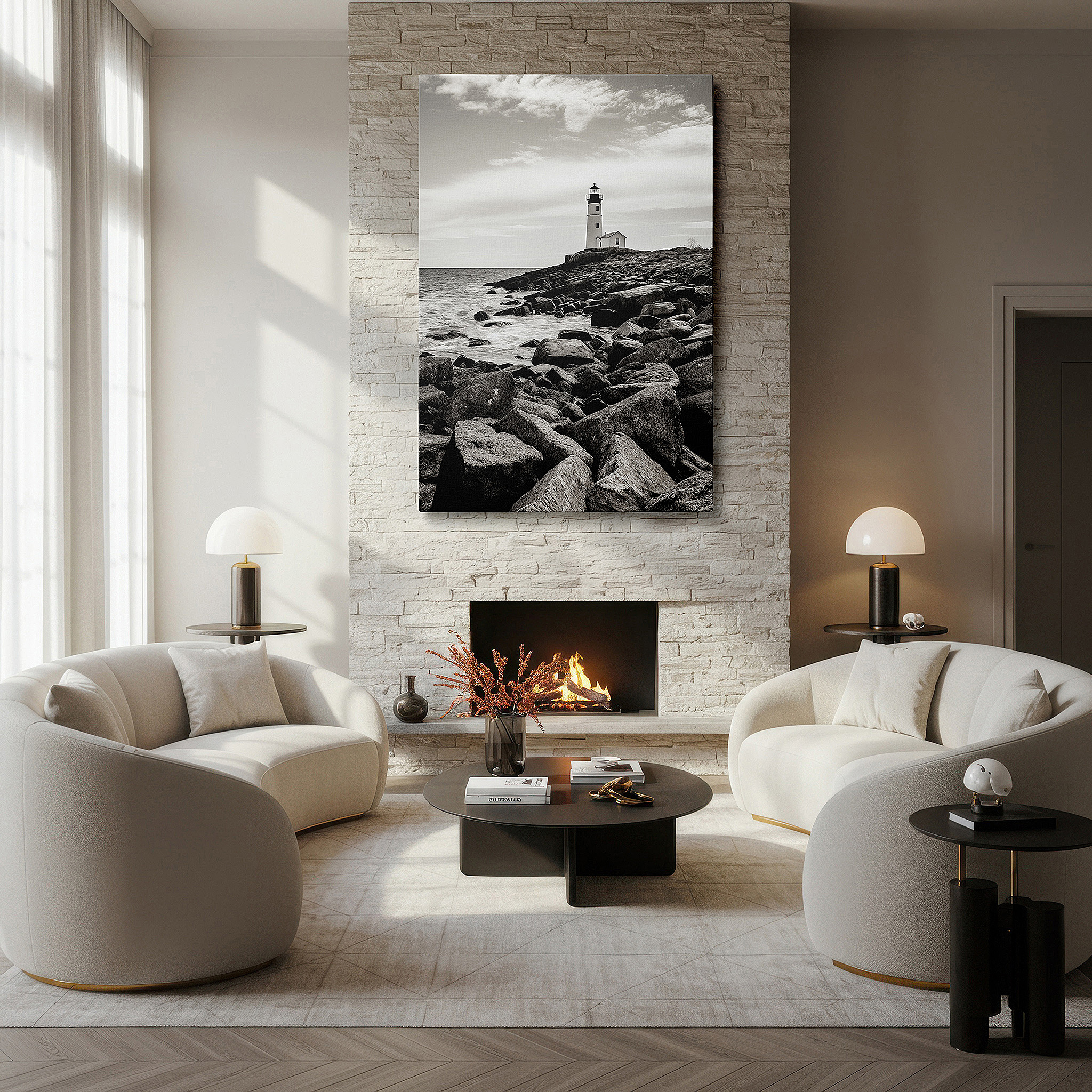 At 60×40 cm, this format fits effortlessly over dressers or benches — wall decor: majestic lighthouse on rugged coastline - black and white contrast with maritime charm, large canvas wall art for home and office decor