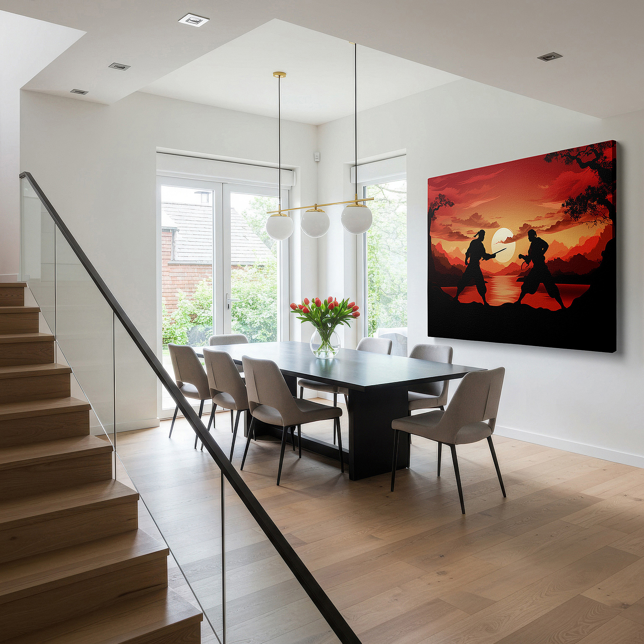 At 60×40 cm, this format fits effortlessly over dressers or benches — wall decor: tranquil nature and dynamic martial arts duel, large canvas art for home decor