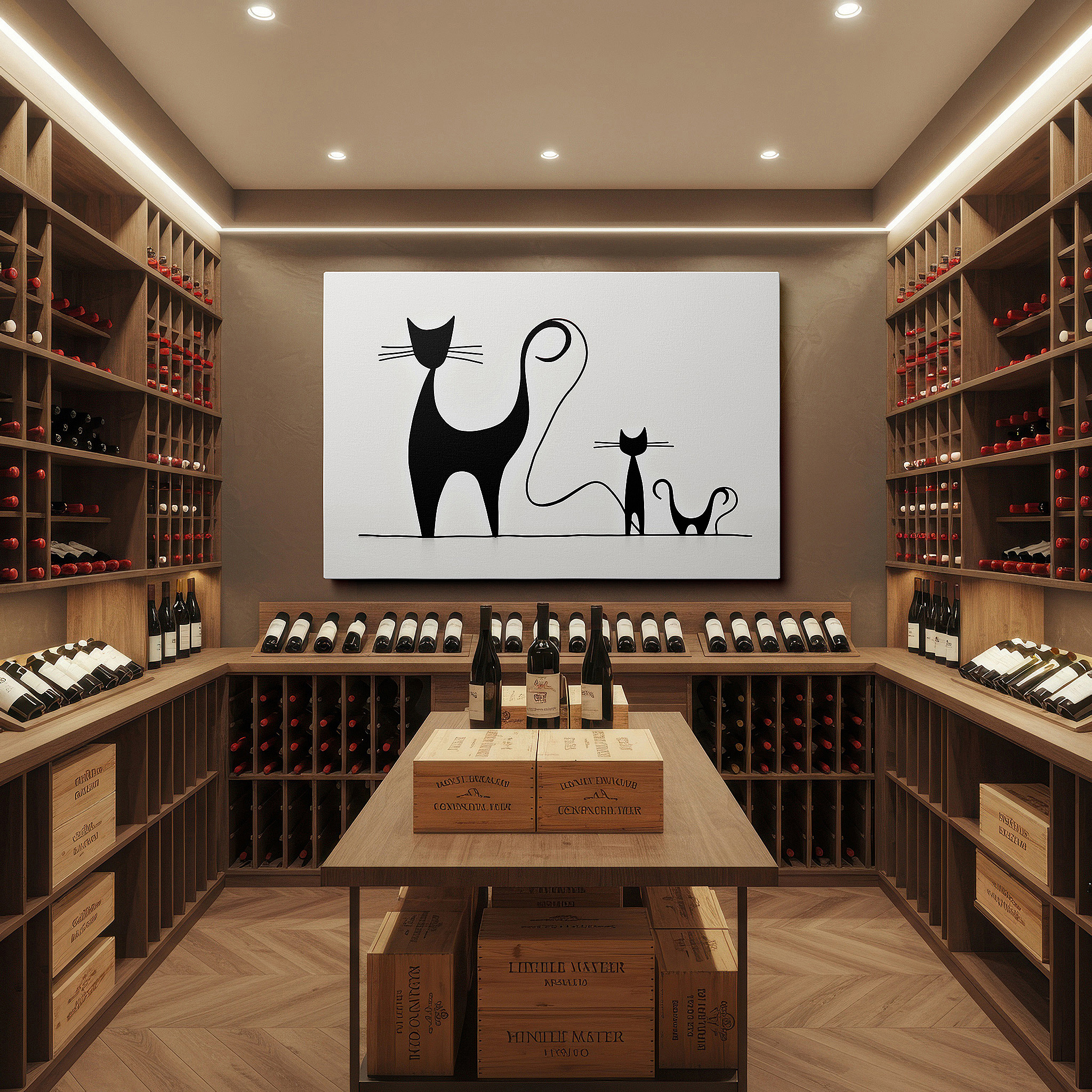 At 60×40 cm, this format fits effortlessly over dressers or benches — whimsical black cats in minimalist style: tranquil and playful large wall art for office and bedroom decor