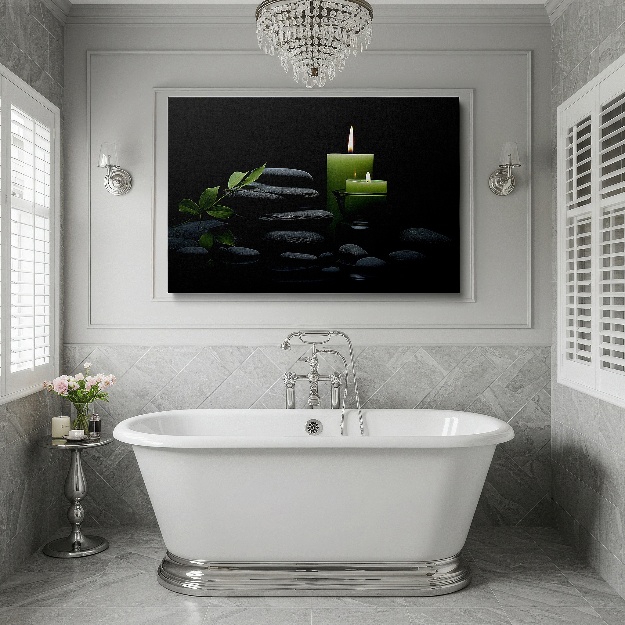 At 60×40 cm, this format fits effortlessly over dressers or benches — zen-inspired wall art featuring candles, stones, and subtle green accents for mindful relaxation - perfect for office decor, large canvas wall art