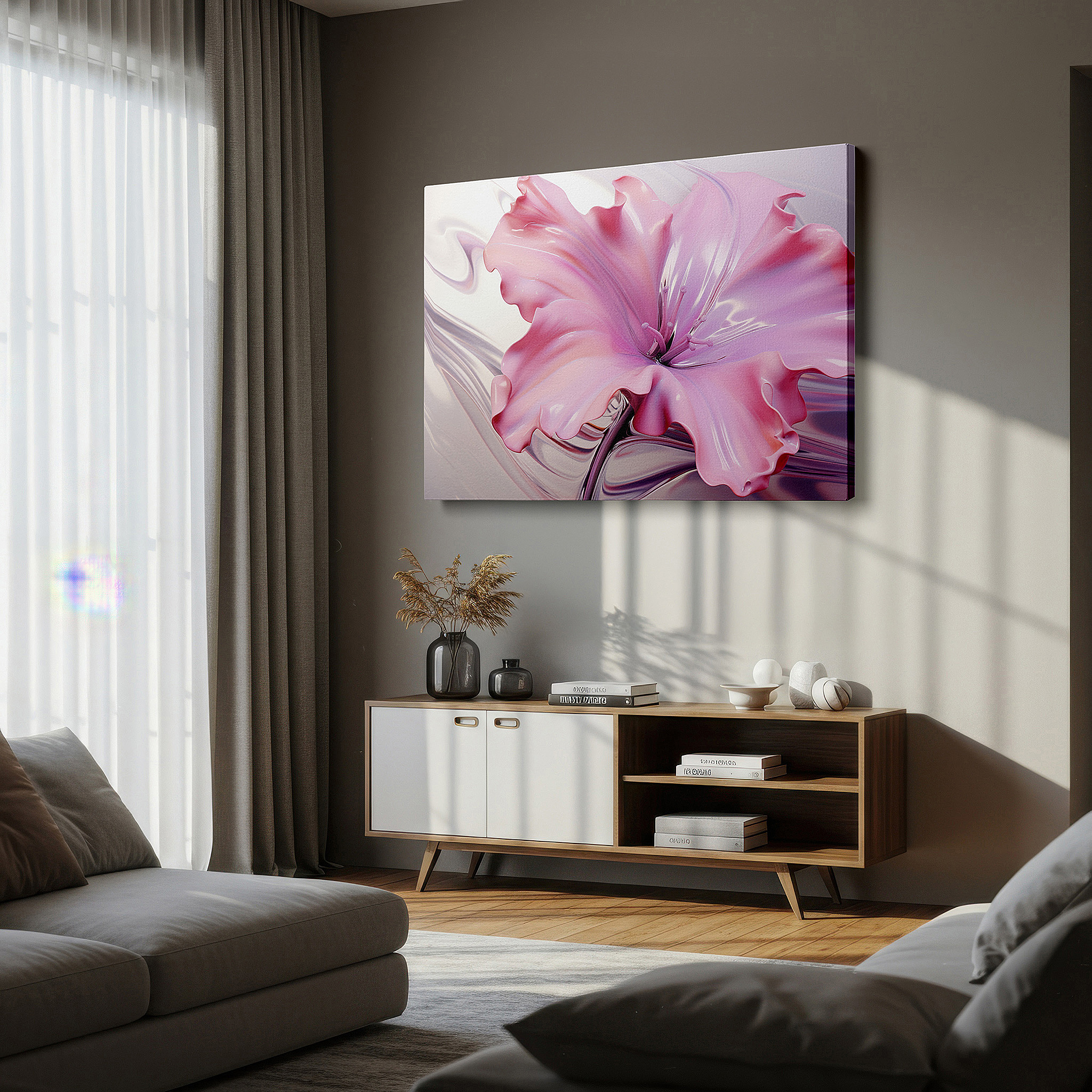 The 75×50 cm version anchors medium rooms without dominating them — 3d pink flower sculpture masterpiece, vibrant nature-inspired glossy finish for modern interiors, large canvas wall art decor