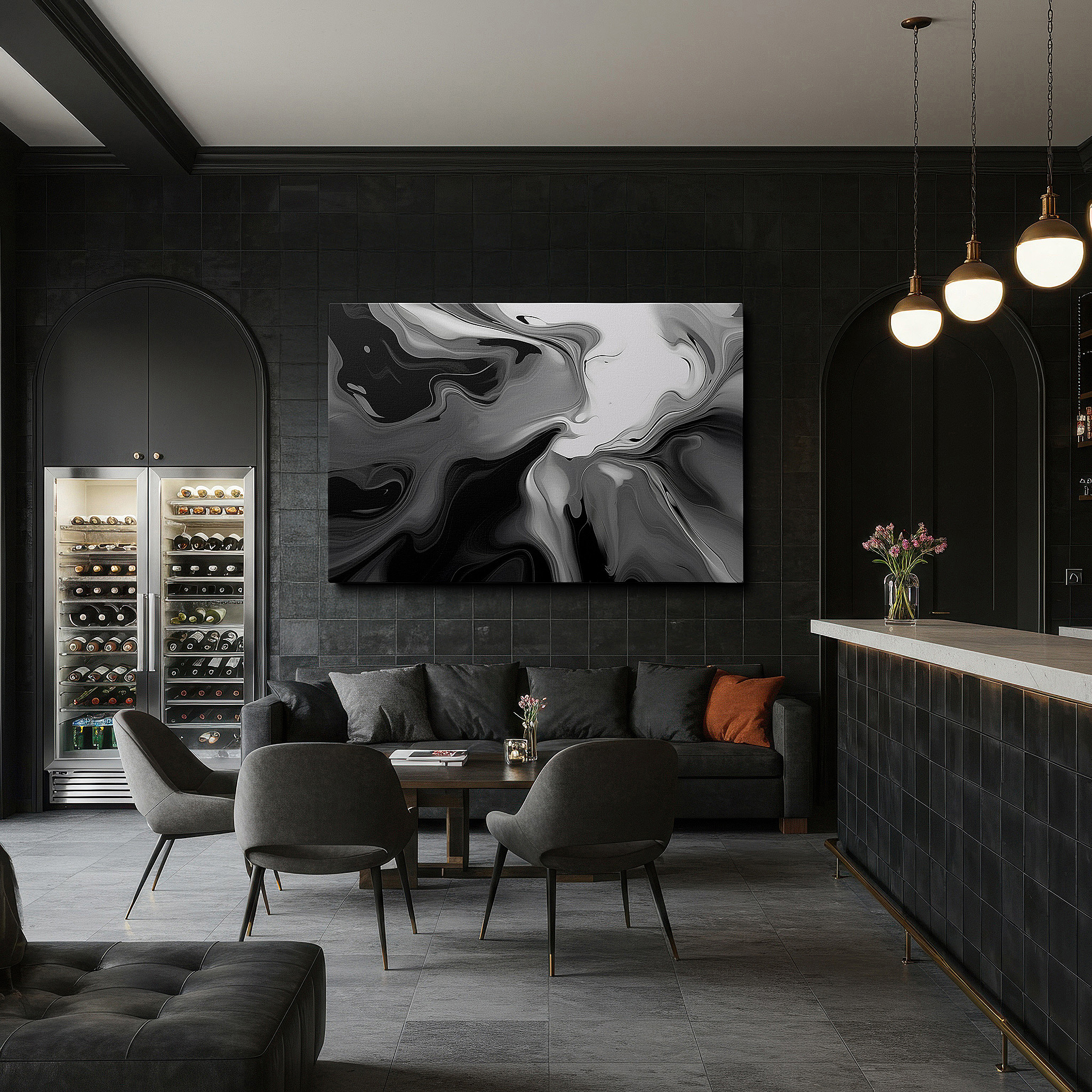The 75×50 cm version anchors medium rooms without dominating them — abstract fluidity in black and white: a dance of shadows and light - large canvas wall art for office and bedroom decor