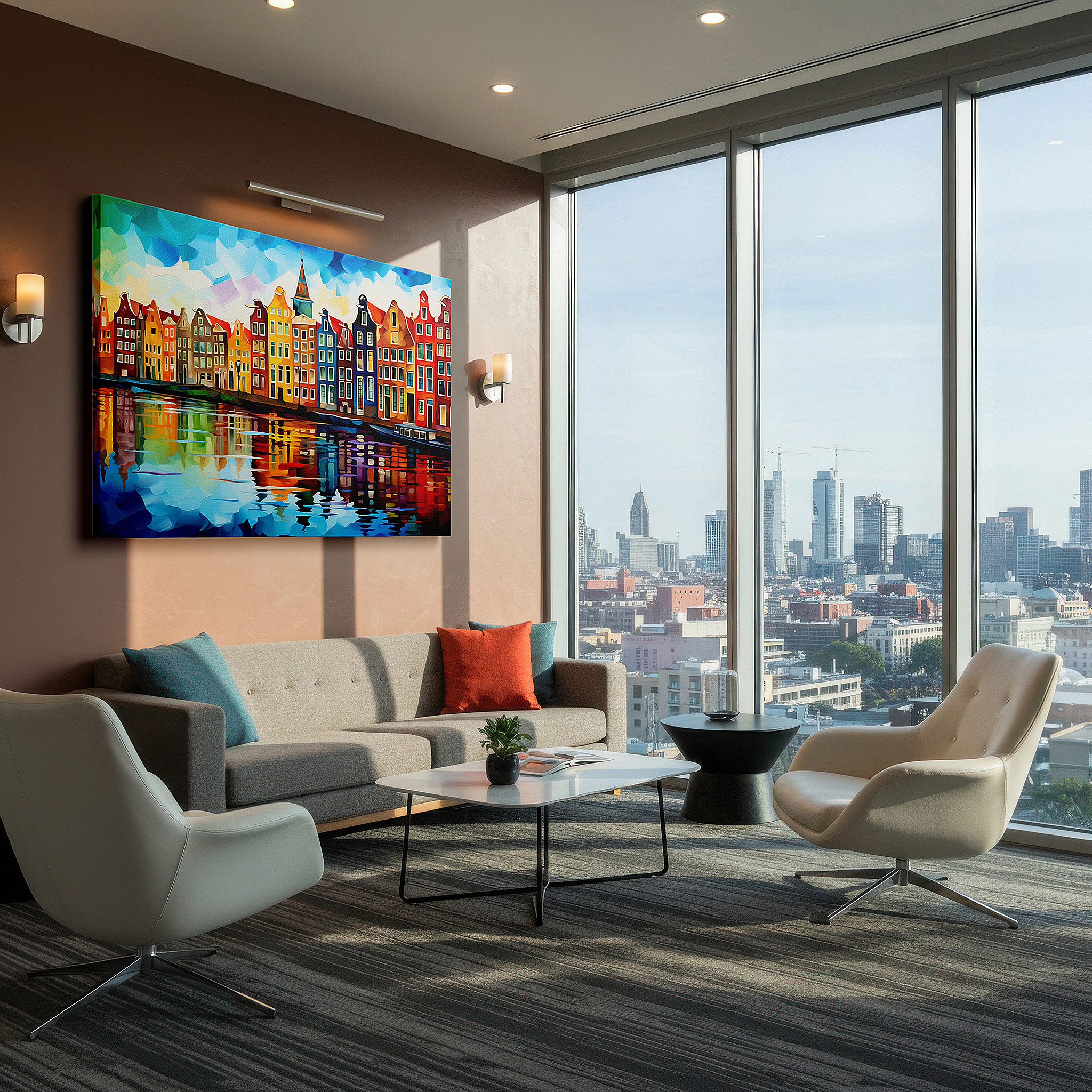 The 75×50 cm version anchors medium rooms without dominating them — amsterdam canal scene with vibrant dutch houses and reflective water - large canvas wall art for office and bedroom decor