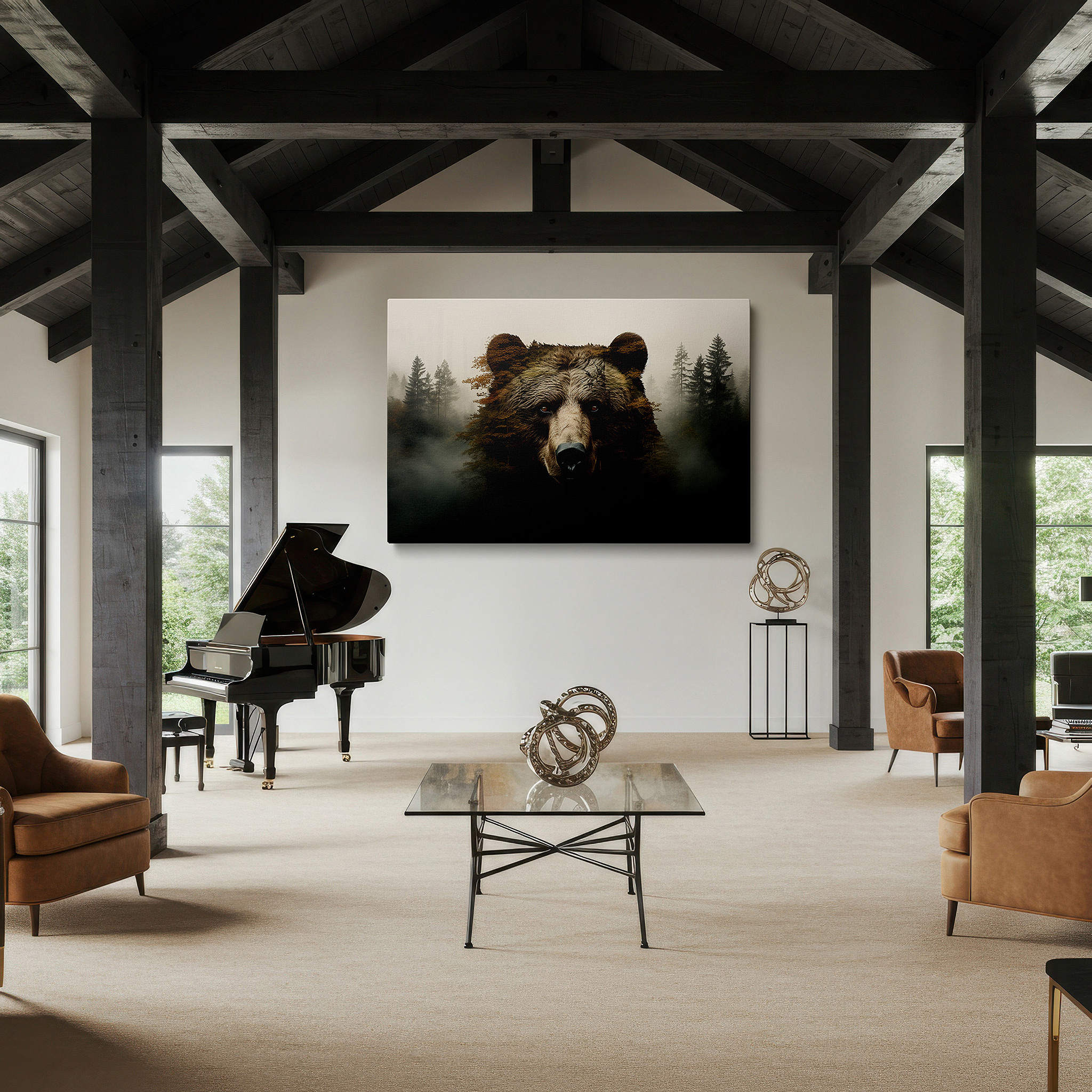 The 75×50 cm version anchors medium rooms without dominating them — bear emerging from a misty forest: a perfect fusion of wild spirit and peaceful woods - large canvas wall art for home and office decor