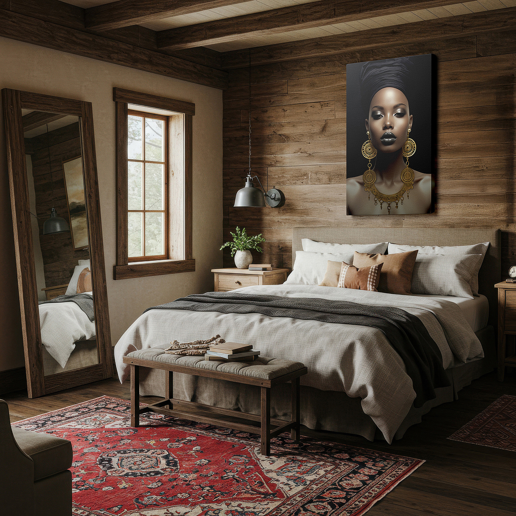 The 75×50 cm version anchors medium rooms without dominating them — black and gold modern elegance: celebrating femininity and empowerment - large canvas wall art for office decor