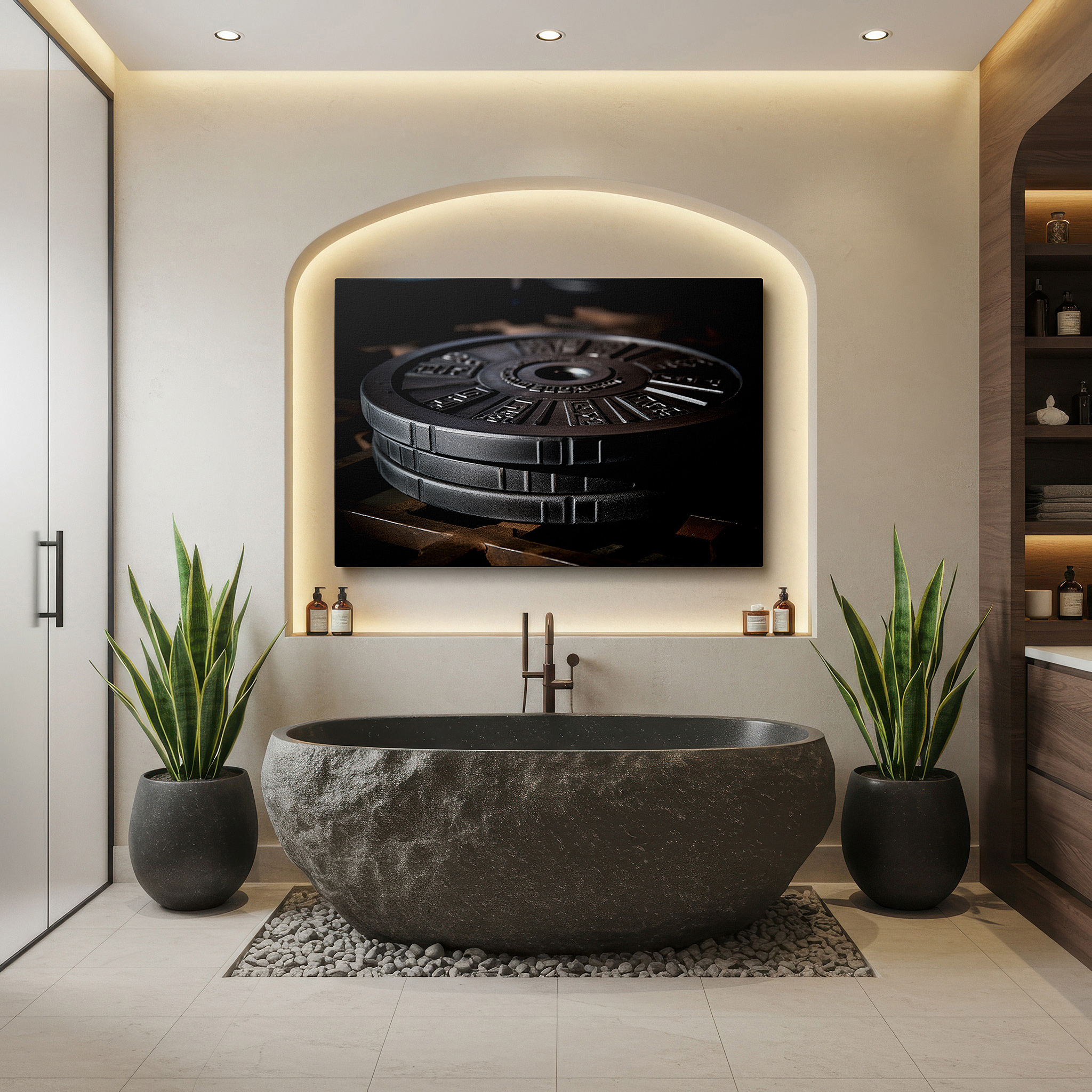 The 75×50 cm version anchors medium rooms without dominating them — black weight plates on a sturdy rack wall art, canvas wall art, office and bedroom decor