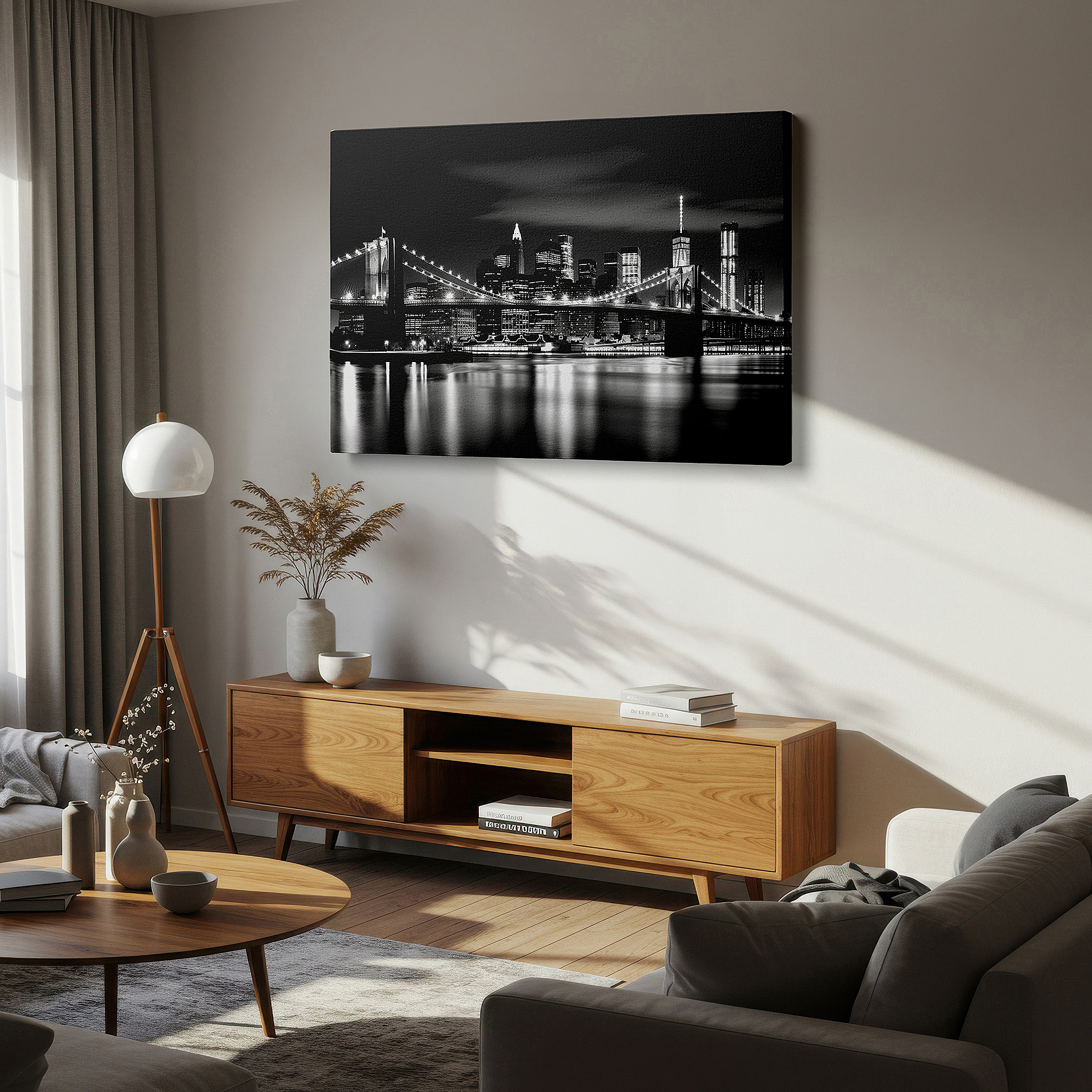 The 75×50 cm version anchors medium rooms without dominating them — brooklyn bridge at night: elegant black and white large canvas wall art for office, bedroom, and living room decor