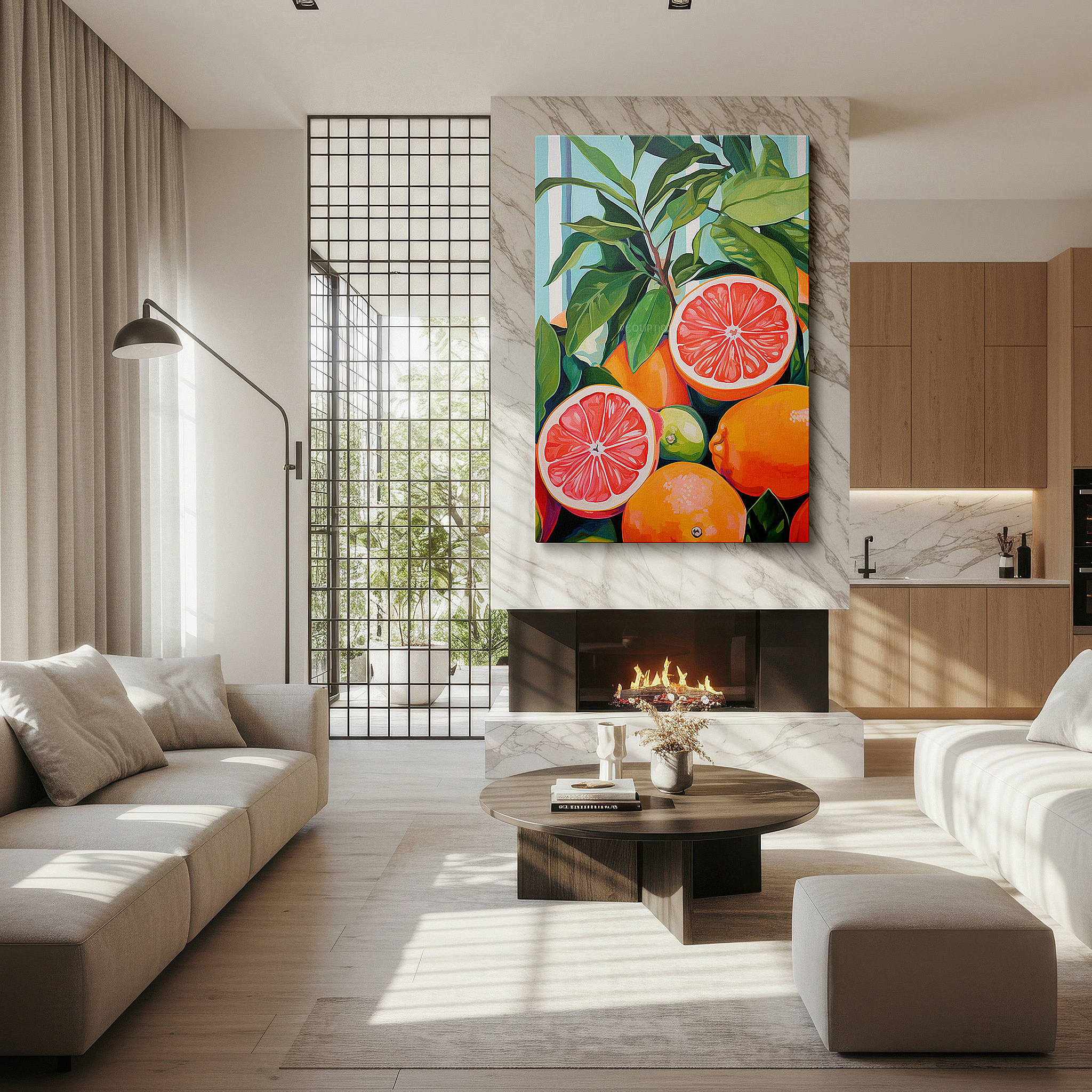The 75×50 cm version anchors medium rooms without dominating them — citrus splendor amidst greenery: a vibrant display of oranges and grapefruits - large canvas wall art for home and office decor