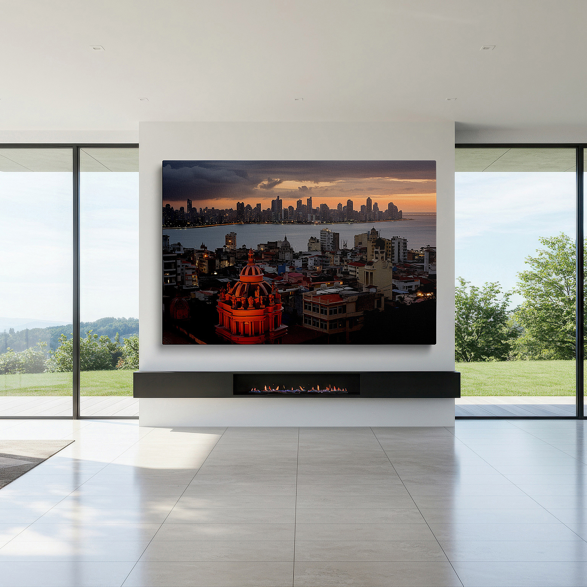 The 75×50 cm version anchors medium rooms without dominating them — city sunset - reflective skyscrapers in a vibrant urban panorama large canvas wall art for office and bedroom decor
