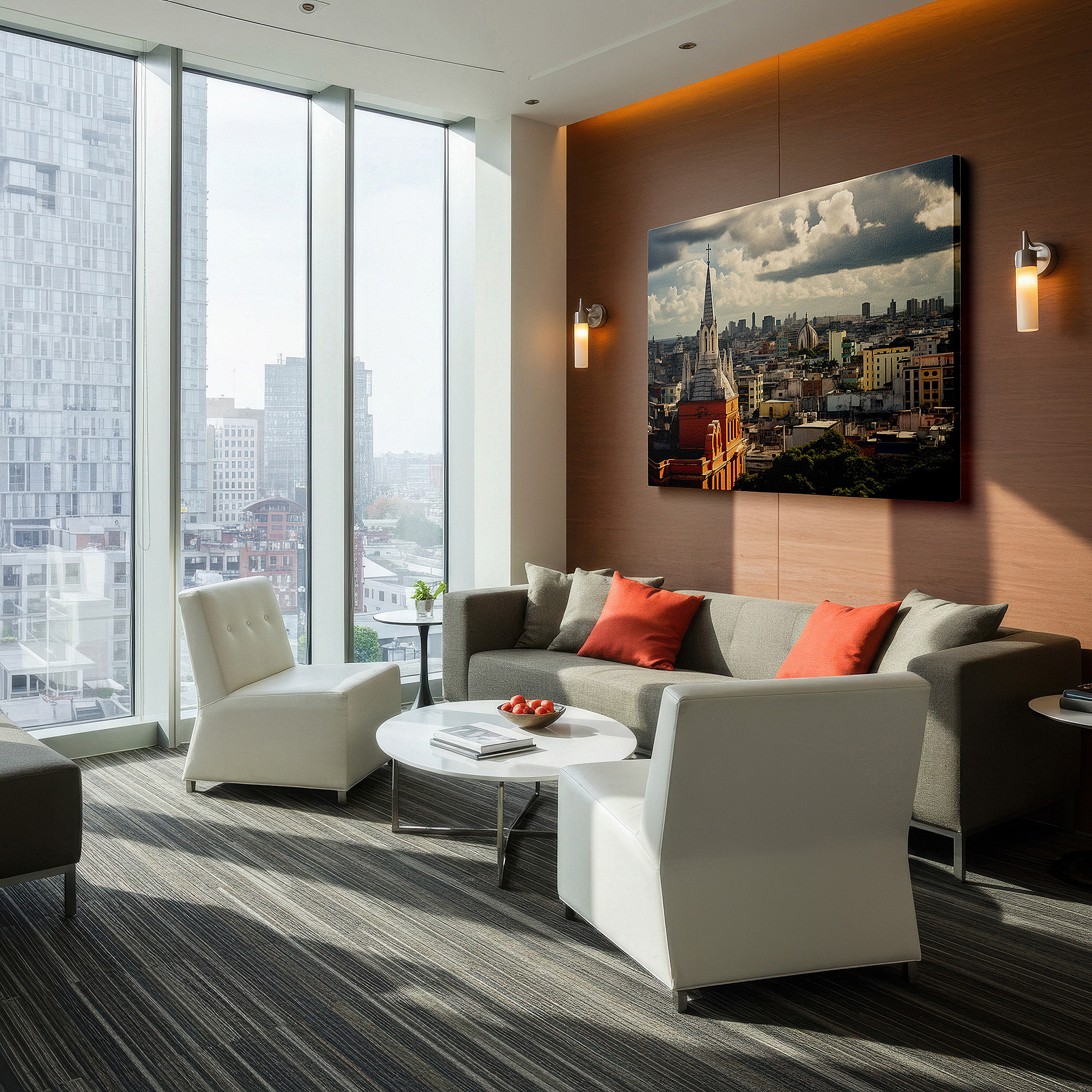 The 75×50 cm version anchors medium rooms without dominating them — cityscape fusion: historical architecture and dynamic skies - large canvas wall art for office, bedroom, and living room decor