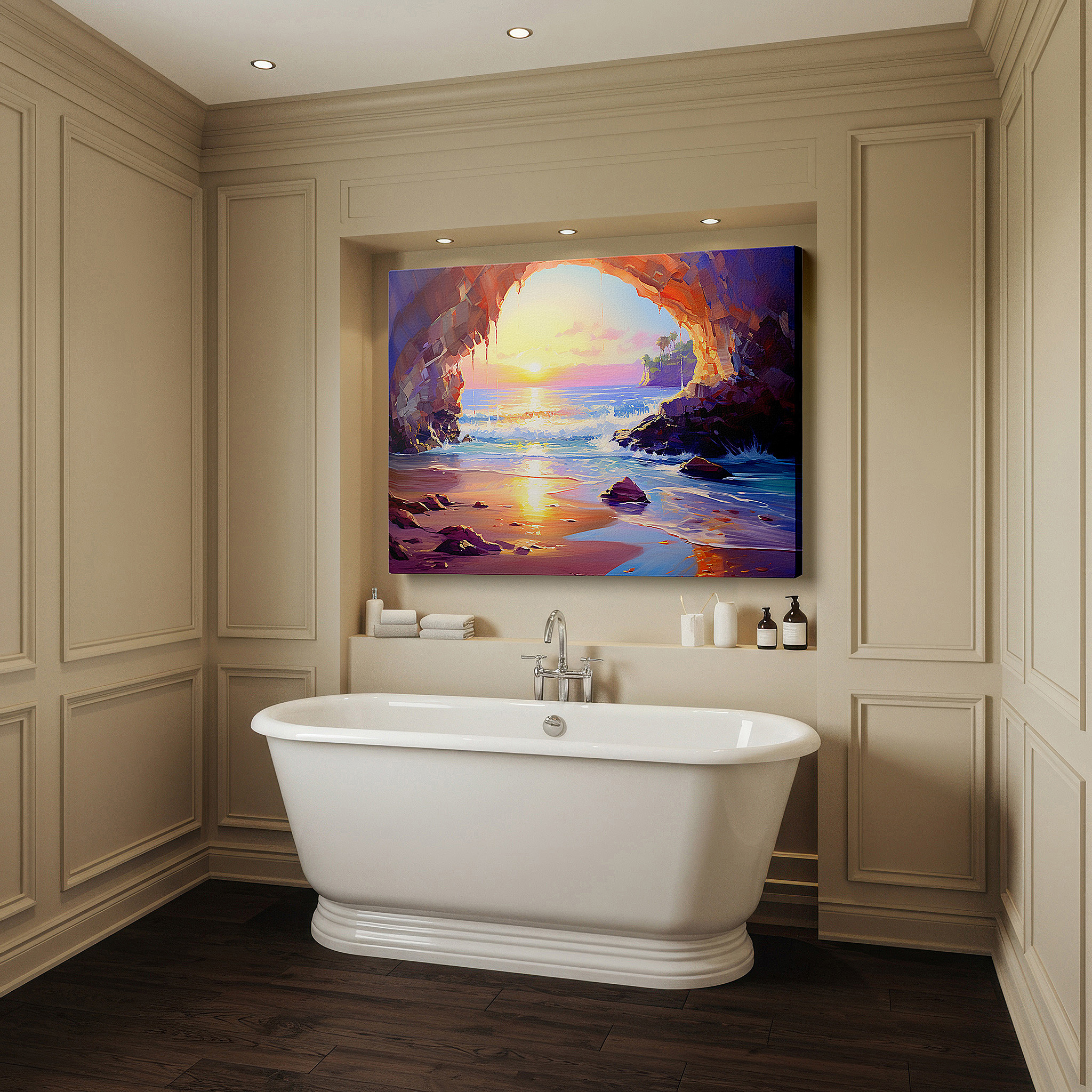 The 75×50 cm version anchors medium rooms without dominating them — coastal cavern's golden glow: majestic archway where ocean meets rock - large canvas wall art for office and bedroom decor
