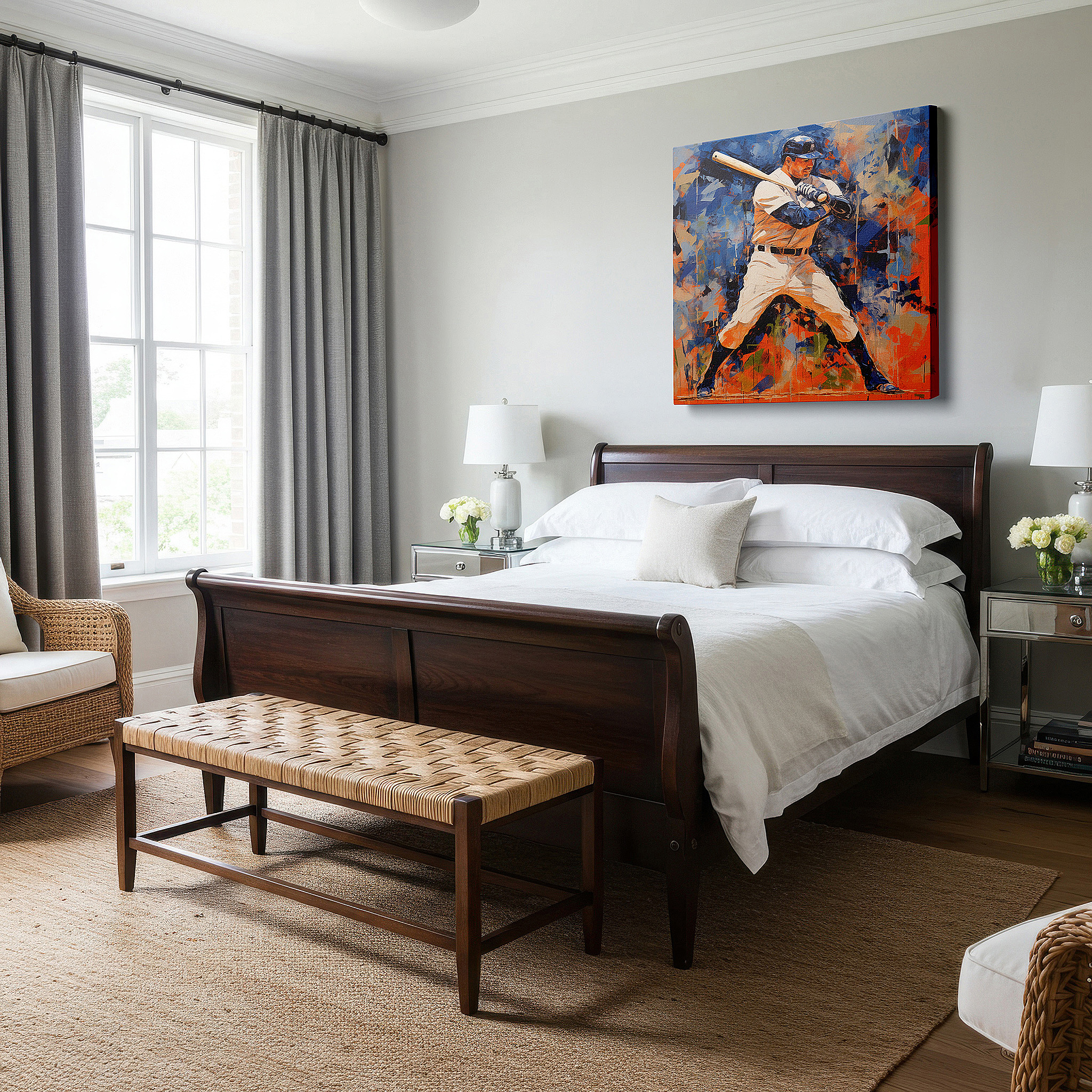 The 75×50 cm version anchors medium rooms without dominating them — dynamic baseball swing wall art: a vivid tribute to america's beloved sport - large canvas wall art for office decor