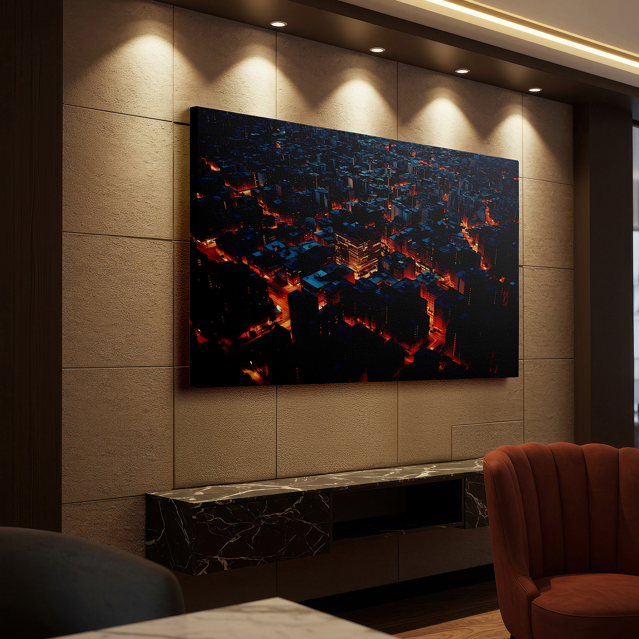 The 75×50 cm version anchors medium rooms without dominating them — dynamic urban nightscape with golden street lights large canvas wall art for office and bedroom decor