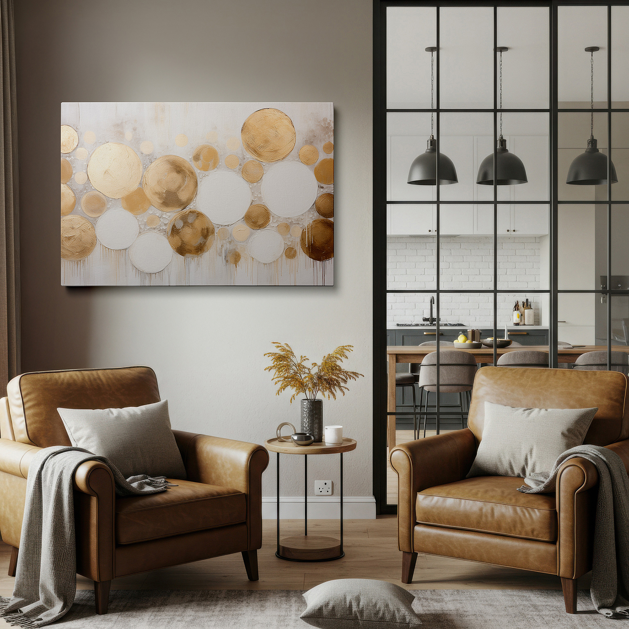 The 75×50 cm version anchors medium rooms without dominating them — elegant and tranquil gold and white circles large wall art, canvas decor for office and bedroom