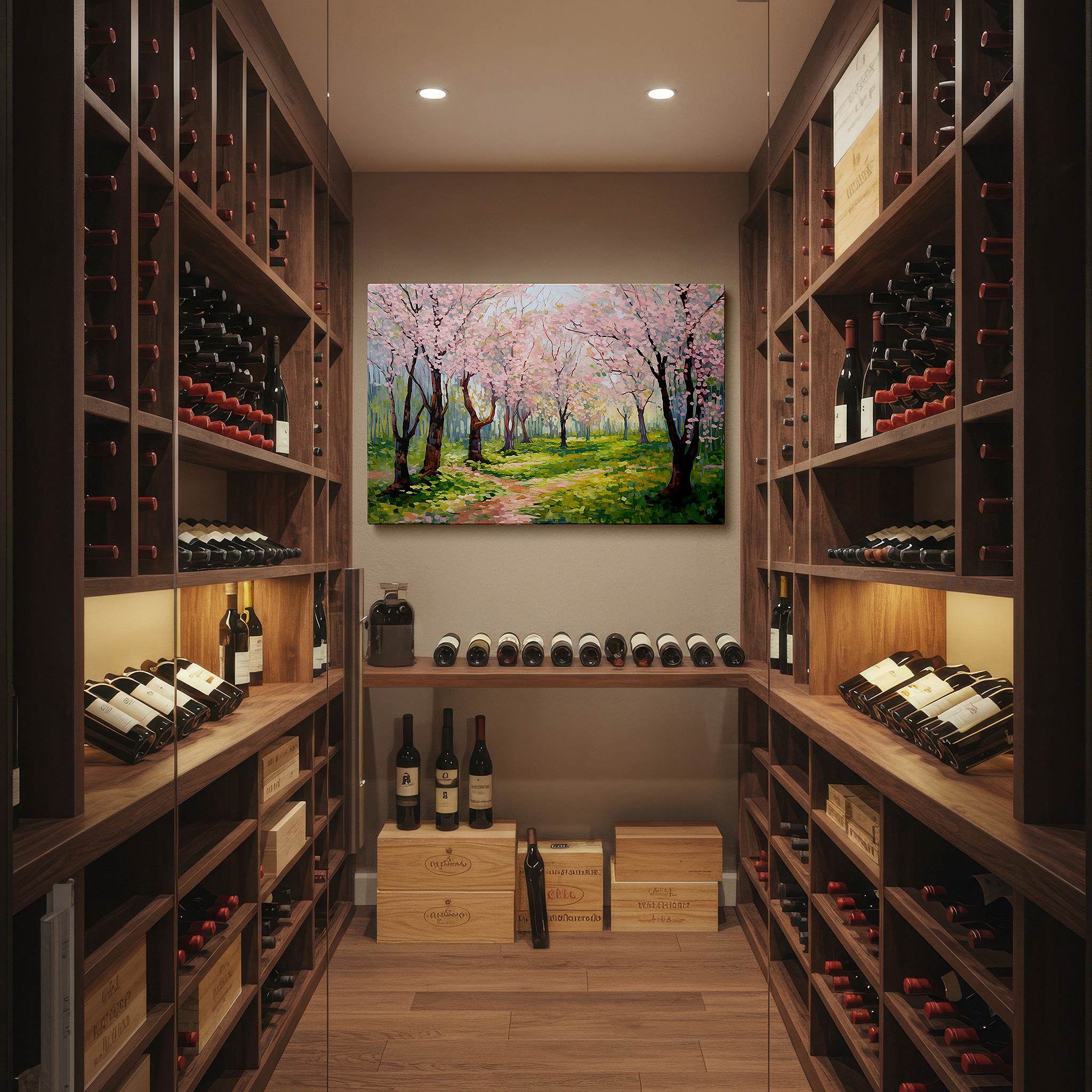 The 75×50 cm version anchors medium rooms without dominating them — enchanting cherry blossoms along a peaceful park path illuminated by gentle sunlight - large canvas wall art for office and bedroom decor
