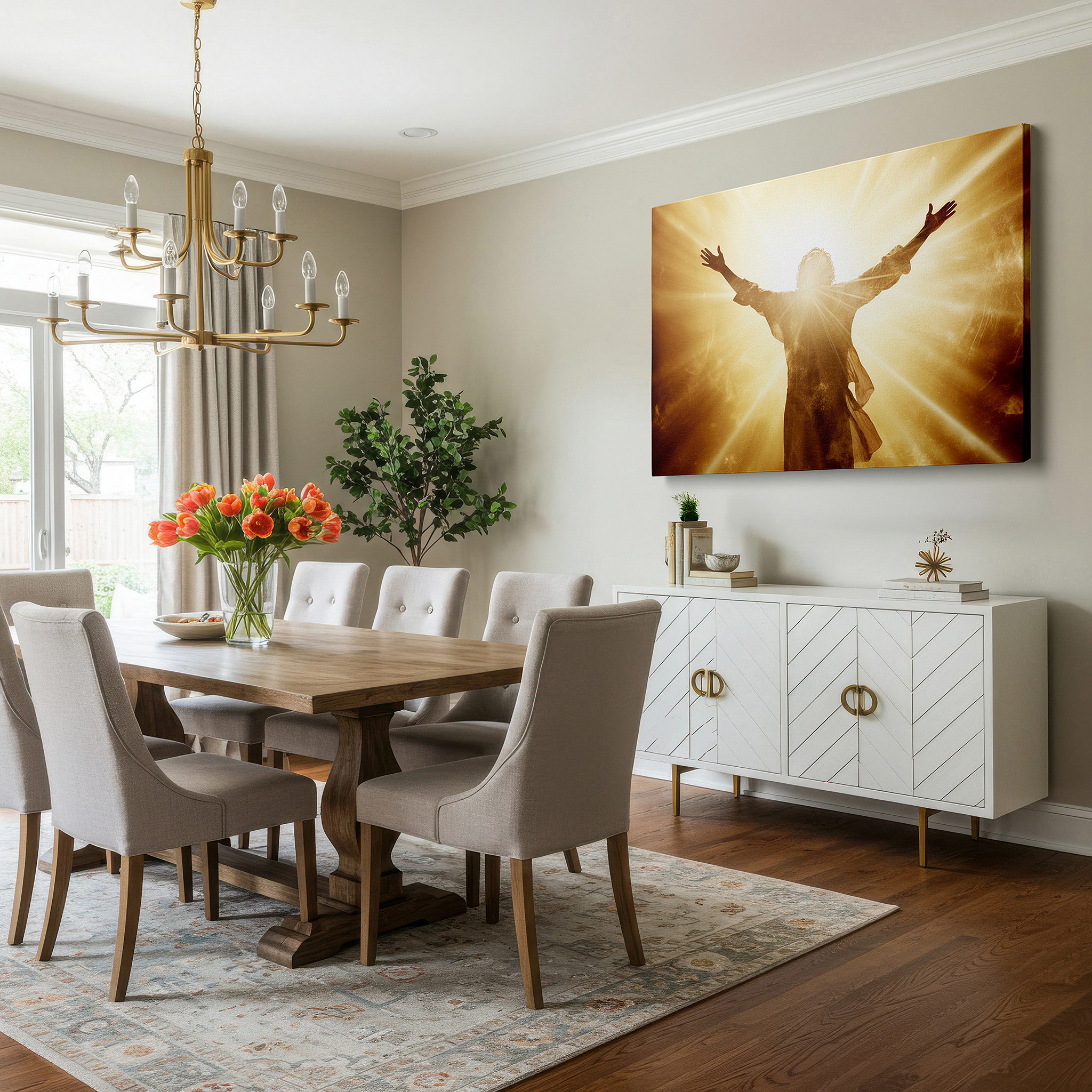 The 75×50 cm version anchors medium rooms without dominating them — enlightened being in golden radiance - emblem of spiritual awakening and enlightenment, large wall art, canvas wall art, wall decor, office wall art