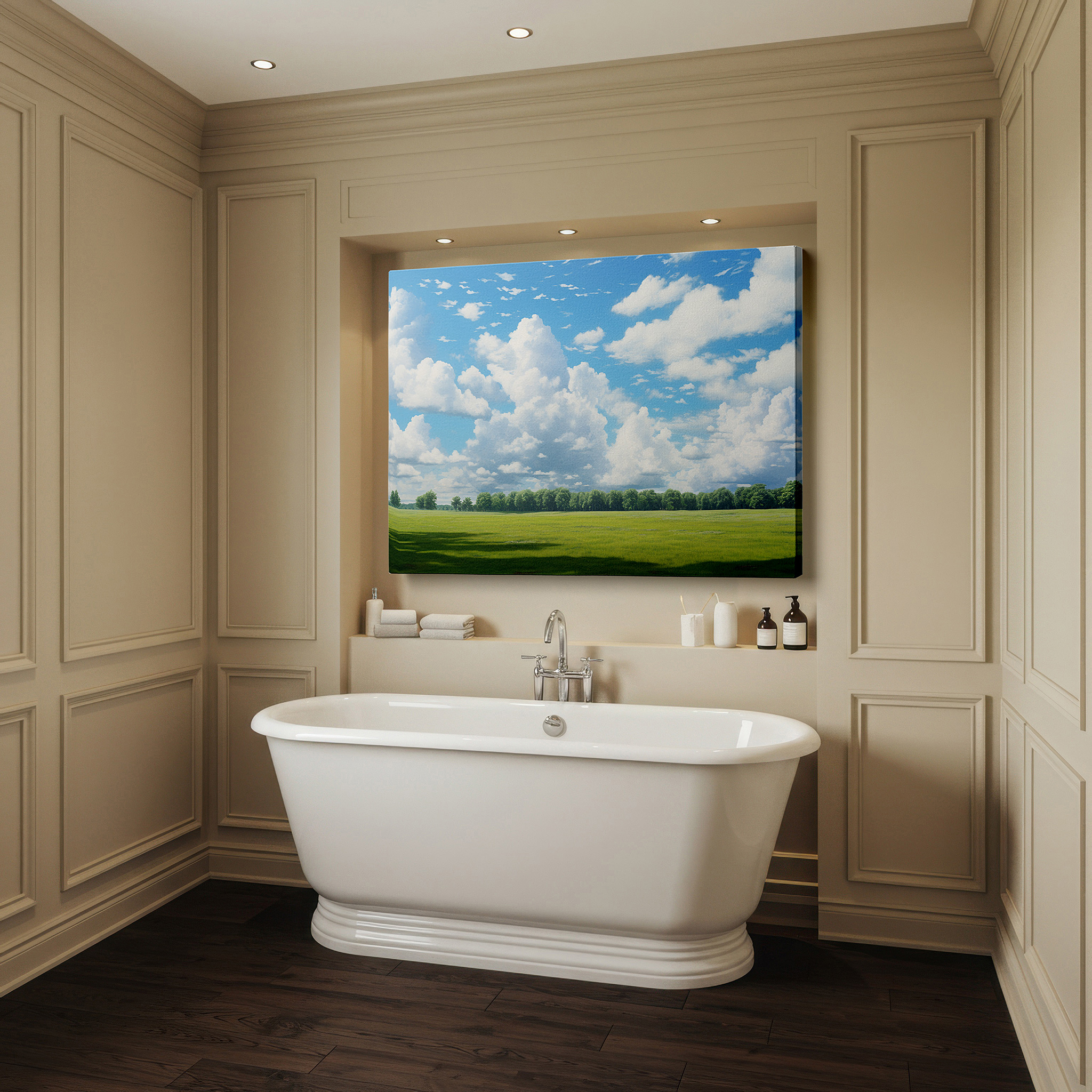 The 75×50 cm version anchors medium rooms without dominating them — expansive green meadow beneath bright blue sky, serene nature scene large wall art, canvas wall art, wall decor for office and bedroom