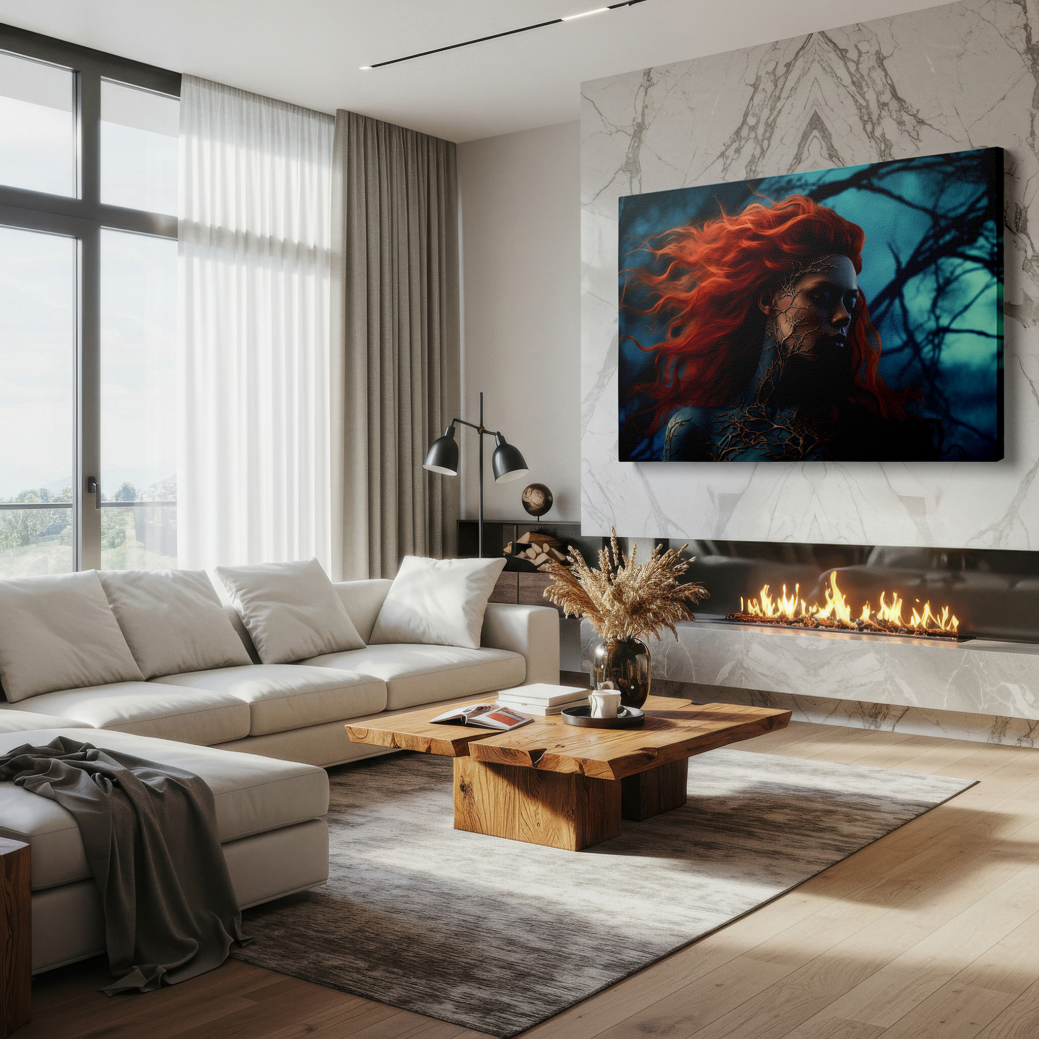 The 75×50 cm version anchors medium rooms without dominating them — fiery hues of mystical nature: transformative large wall art for office, bedroom, and living spaces