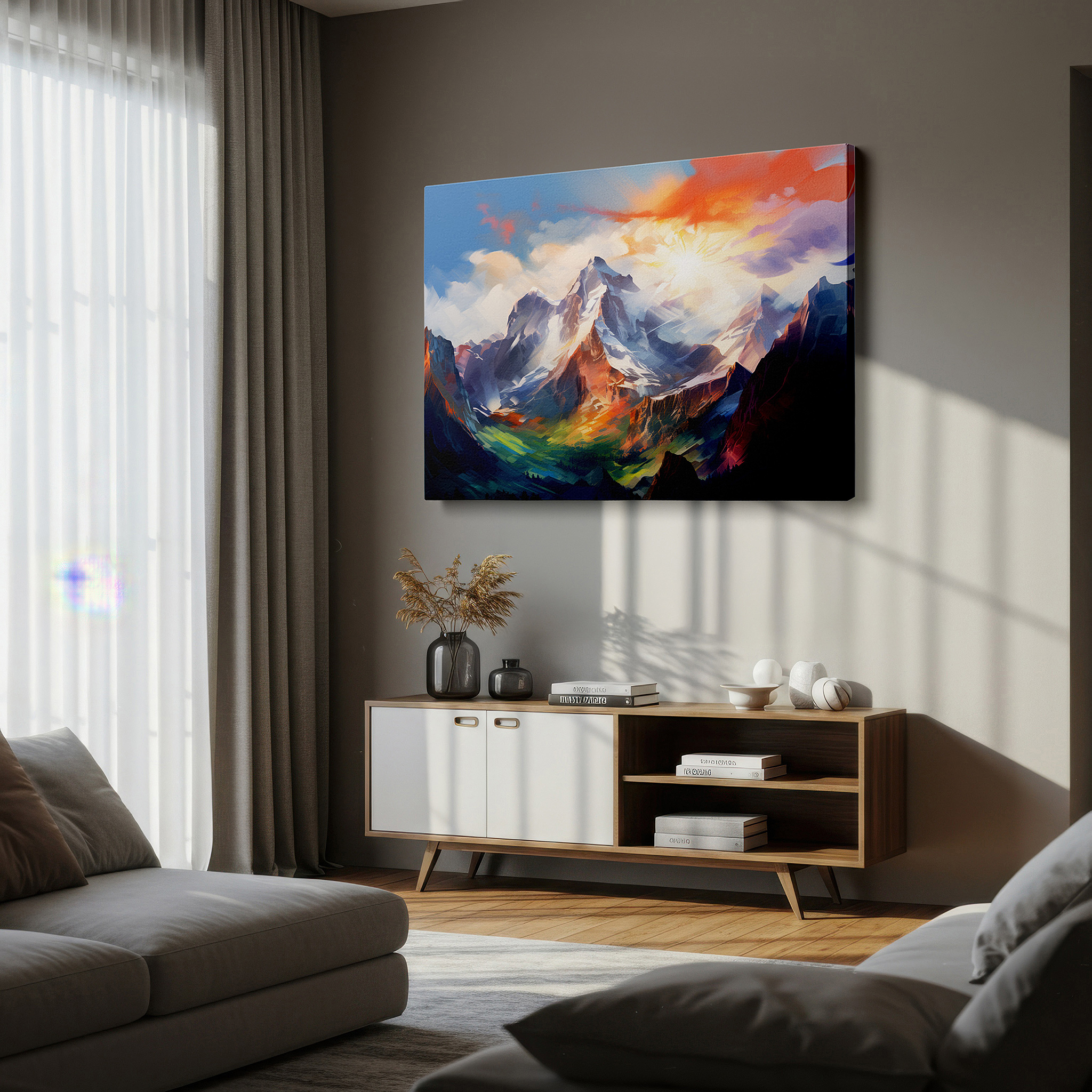 The 75×50 cm version anchors medium rooms without dominating them — fiery oranges and cool blues sunrise over snow-capped peaks large canvas wall art for office and bedroom decor