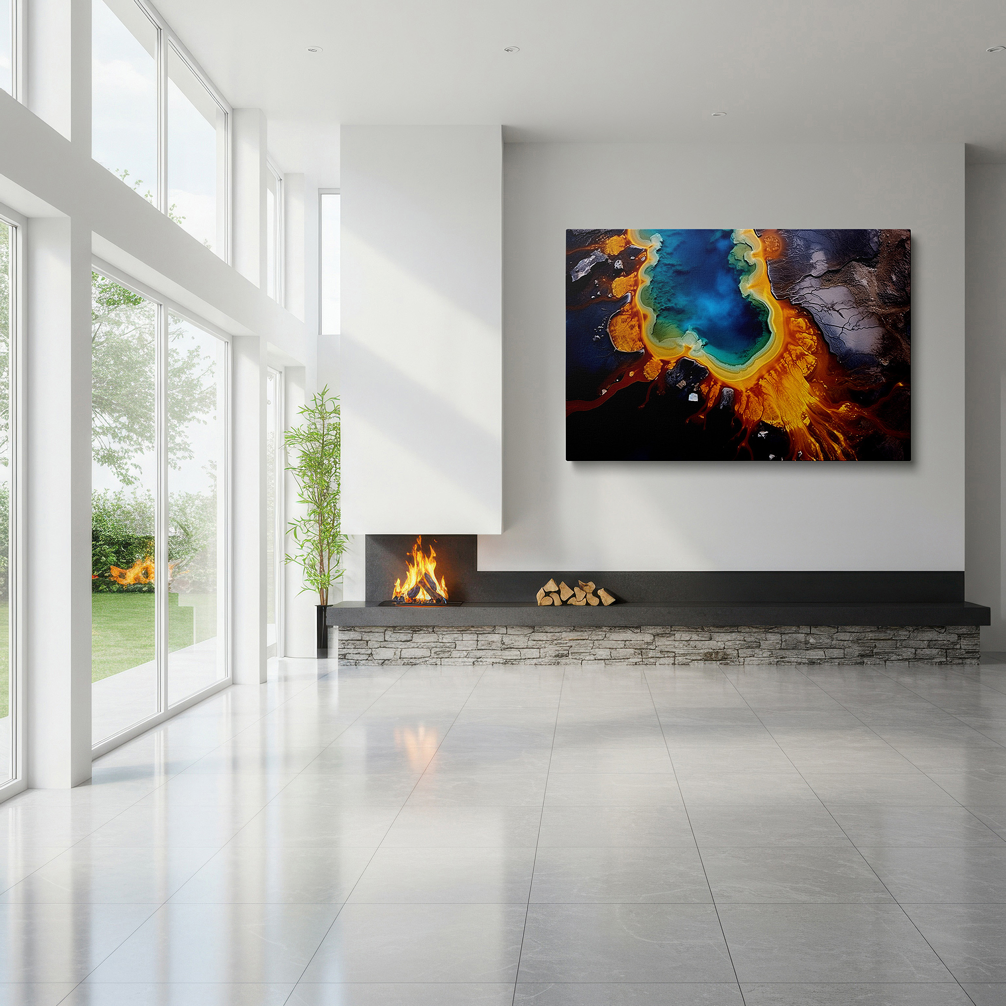 The 75×50 cm version anchors medium rooms without dominating them — geothermal wonders aerial view: vibrant pools and earthy tones - large canvas wall art for office and bedroom decor