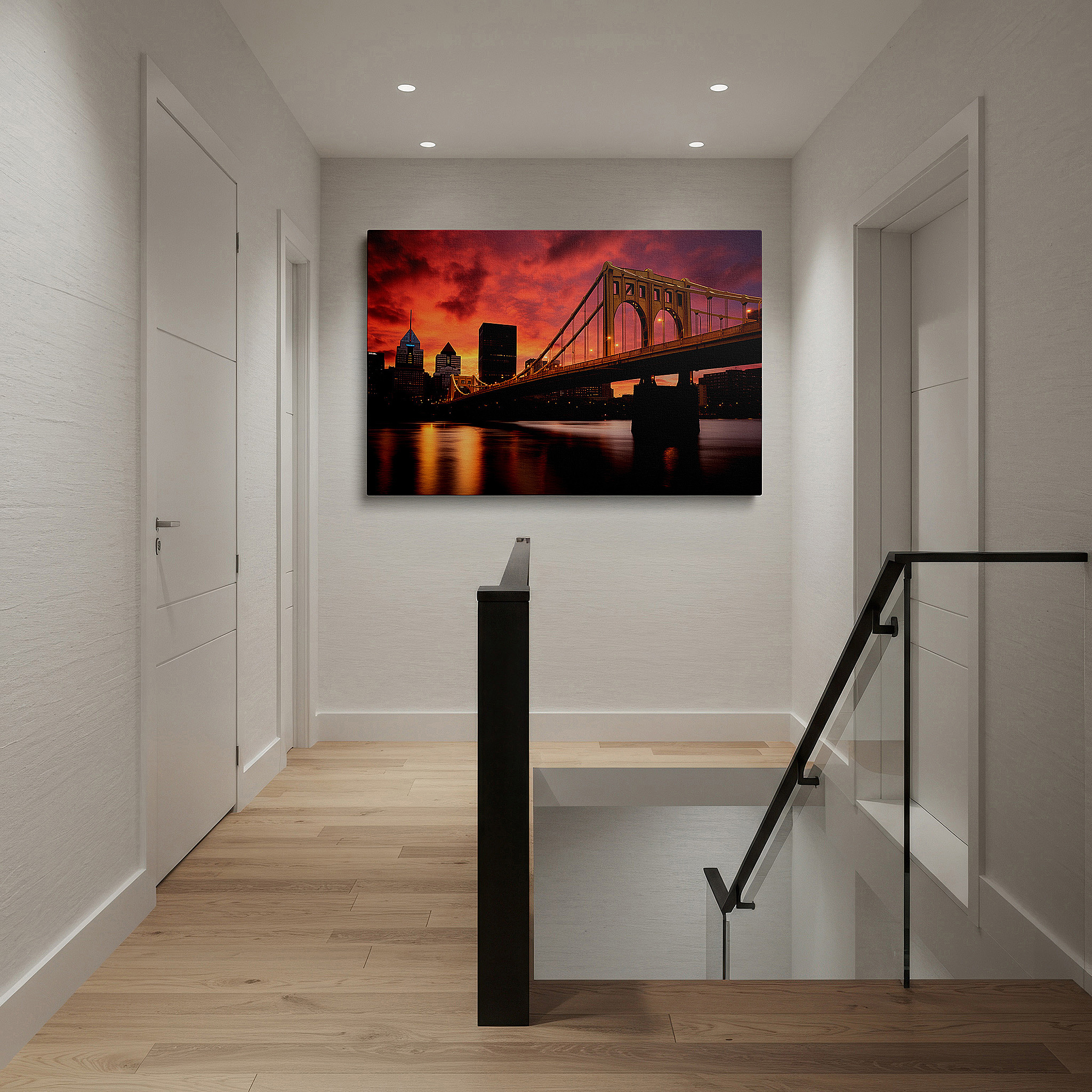The 75×50 cm version anchors medium rooms without dominating them — golden bridge at dusk: nature and cityscape in harmony under a radiant sunset - large wall art, canvas wall art, wall decor for office