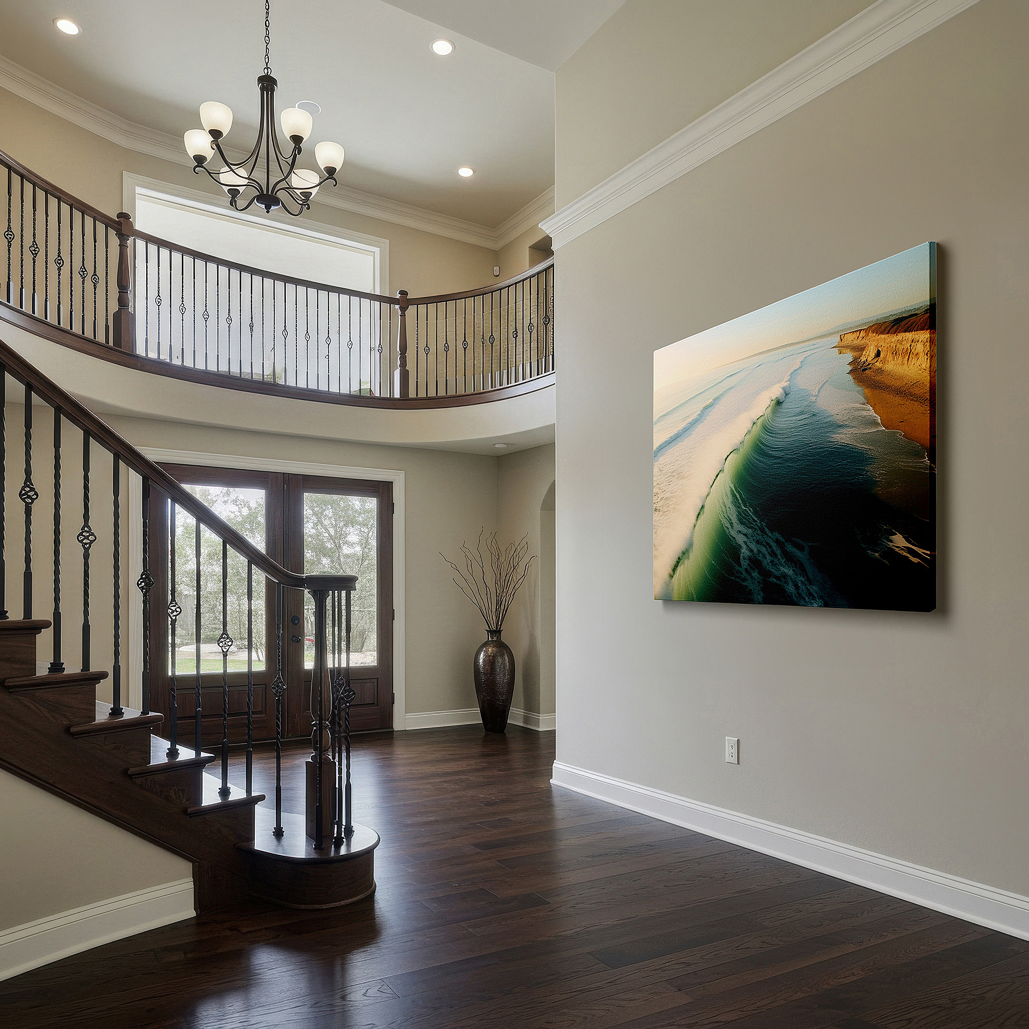 The 75×50 cm version anchors medium rooms without dominating them — golden hour serenity: tranquil aerial coastal landscape - large canvas wall art for office and bedroom decor